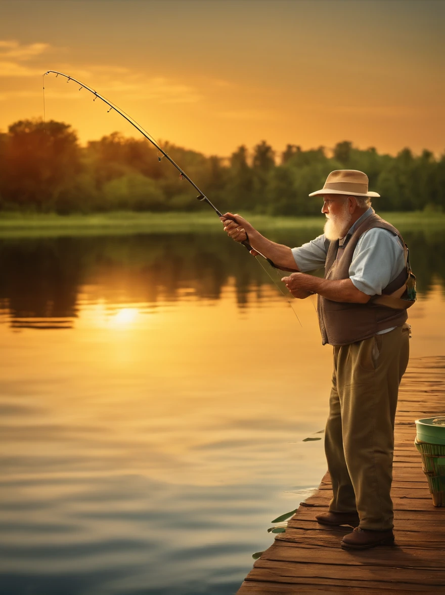 An old man fishing on a tranquil lake, surrounded by lush greenery, (Best quality, A high resolution:1.2),(Realistic,Photorealistic:1.37). The sun casts a warm golden glow on the calm water, (Vivid colors)(Bokeh). The man, Wear weathered hats and fishing vests, Be patient and wait for a bite. Rod, With a smooth wooden handle and a sturdy fishing line, (Ultra-detailed). Reflection of man and his fishing gear on a glass lake, Create a sense of tranquility and harmony with nature.
