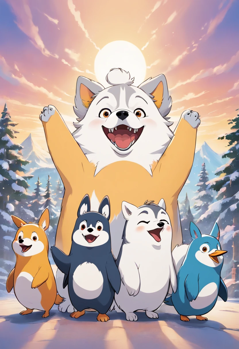 Only one, A fusion of back and white husky dog and penguin with husky head and penguin body, ears of husky, nose and mouth of husky, legs and arms of penguin, tail of penguin, yeallow legs, happy face, comic style, simple background