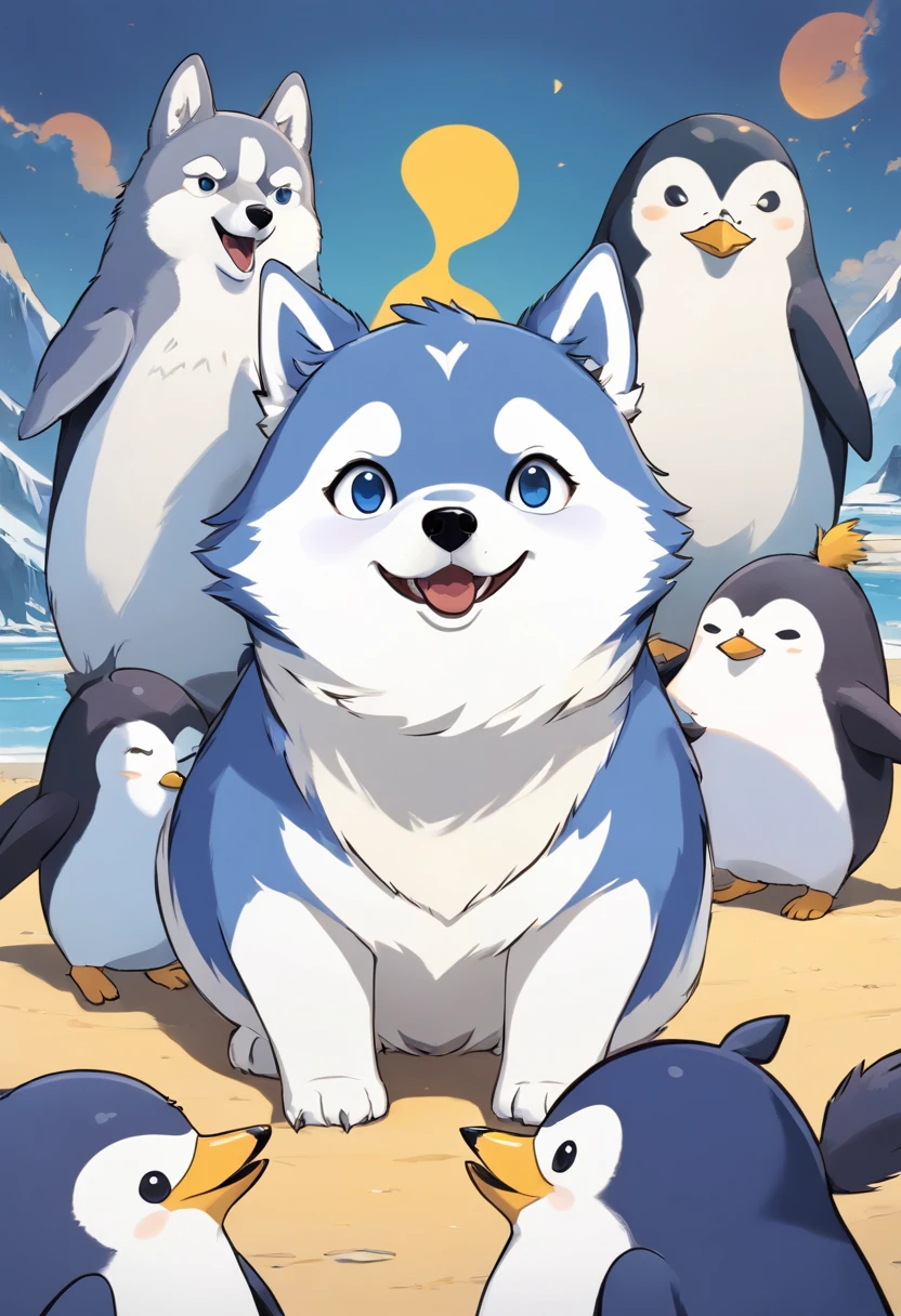 Only one, A fusion of back and white husky dog and penguin with husky head and penguin body, ears of husky, nose and mouth of husky, legs and arms of penguin, tail of penguin, yeallow legs, happy face, comic style, simple background