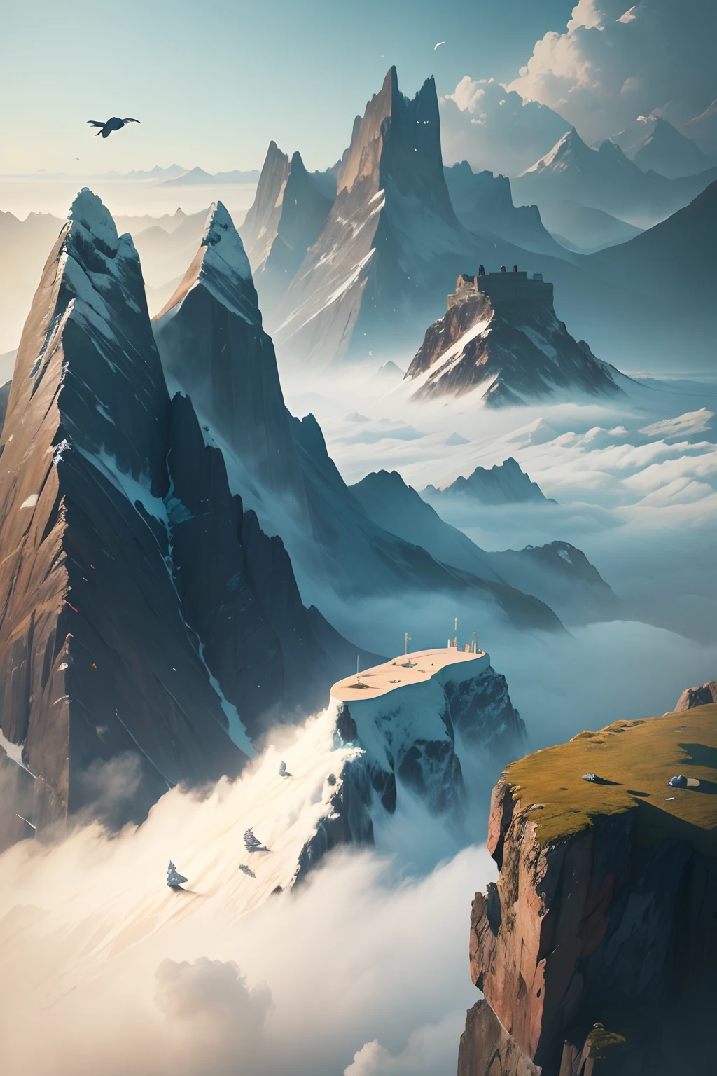 a high mountain wall, with fog and birds all around, at the edge of the sea, with the waves crashing below, seen from afar and from above