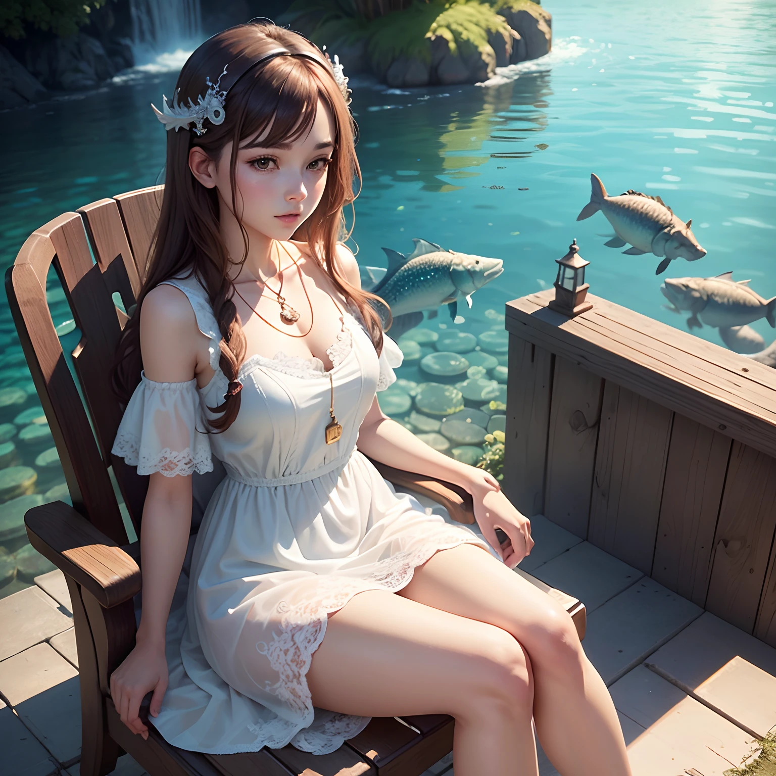A woman in a bikini is fishing with a spear, evening pond, field of wild flowers