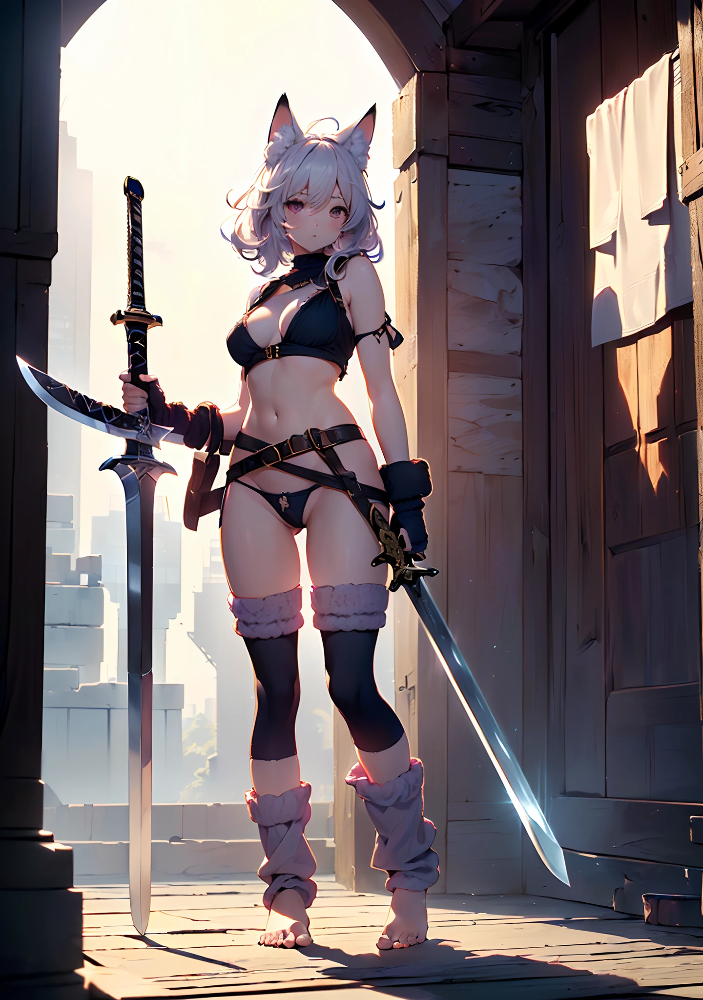 (best quality,4k,8k,highres,masterpiece:1.2),ultra-detailed,((shoujo girl)),((fox girl)),((medium hair)),((full body)),((stand pose)),((((very baggy and long cotton leg warmers)))),((bare feet)),((thong)),((short battle blouse)), ((battle gloves)), ((((carrying a giant sword)))),((fully detailed)),illustration,vivid colors