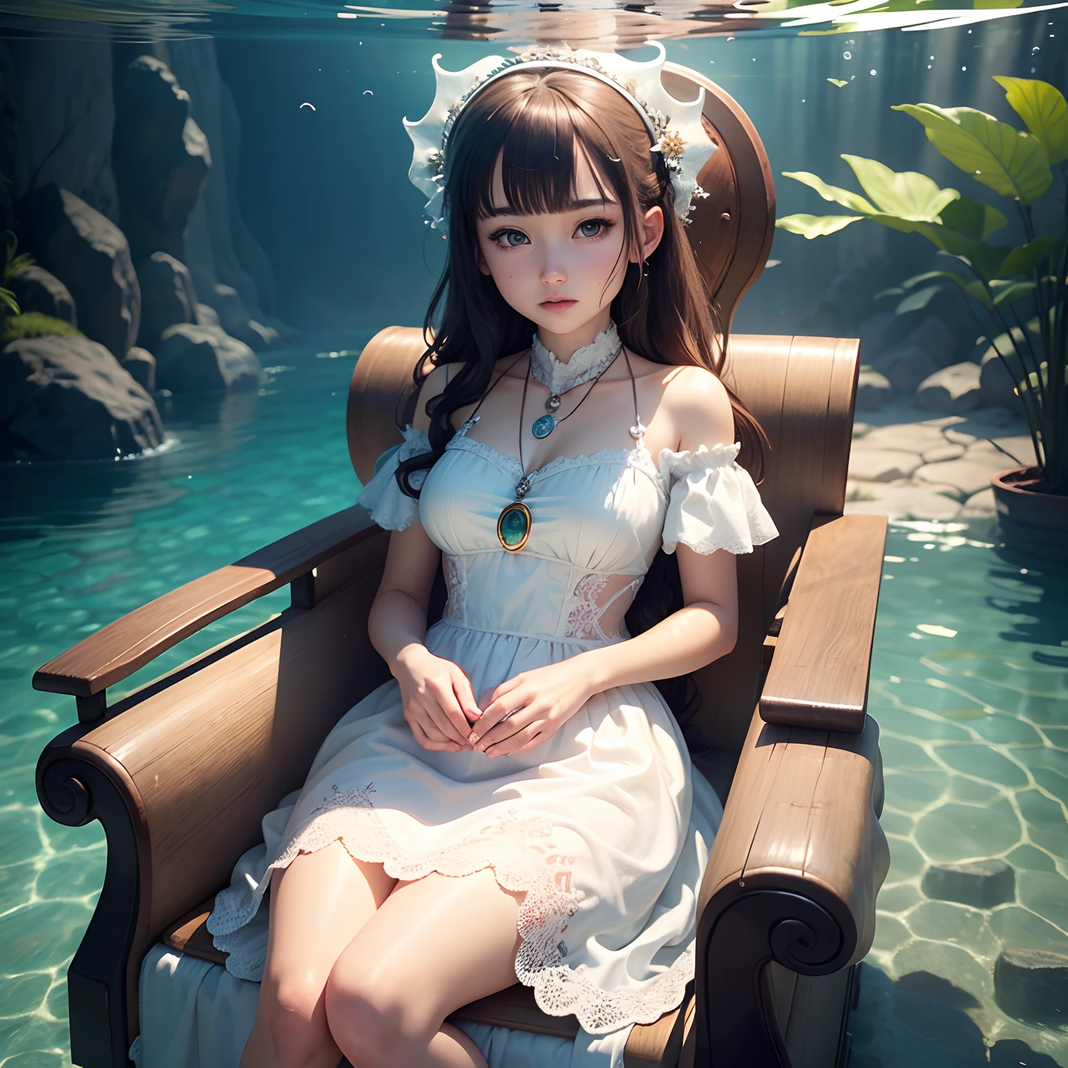 High detail CG,rich details,An underwater world in the sun,water bubbles,There are small fish swimming around,Dress normally,White lace dress,The outside is covered with a white coat,Dragon girl,Wear an exaggerated necklace,Brown hair long,Recline on the dragon chair,The sun shines on the body,glowing white,The art of clocking in