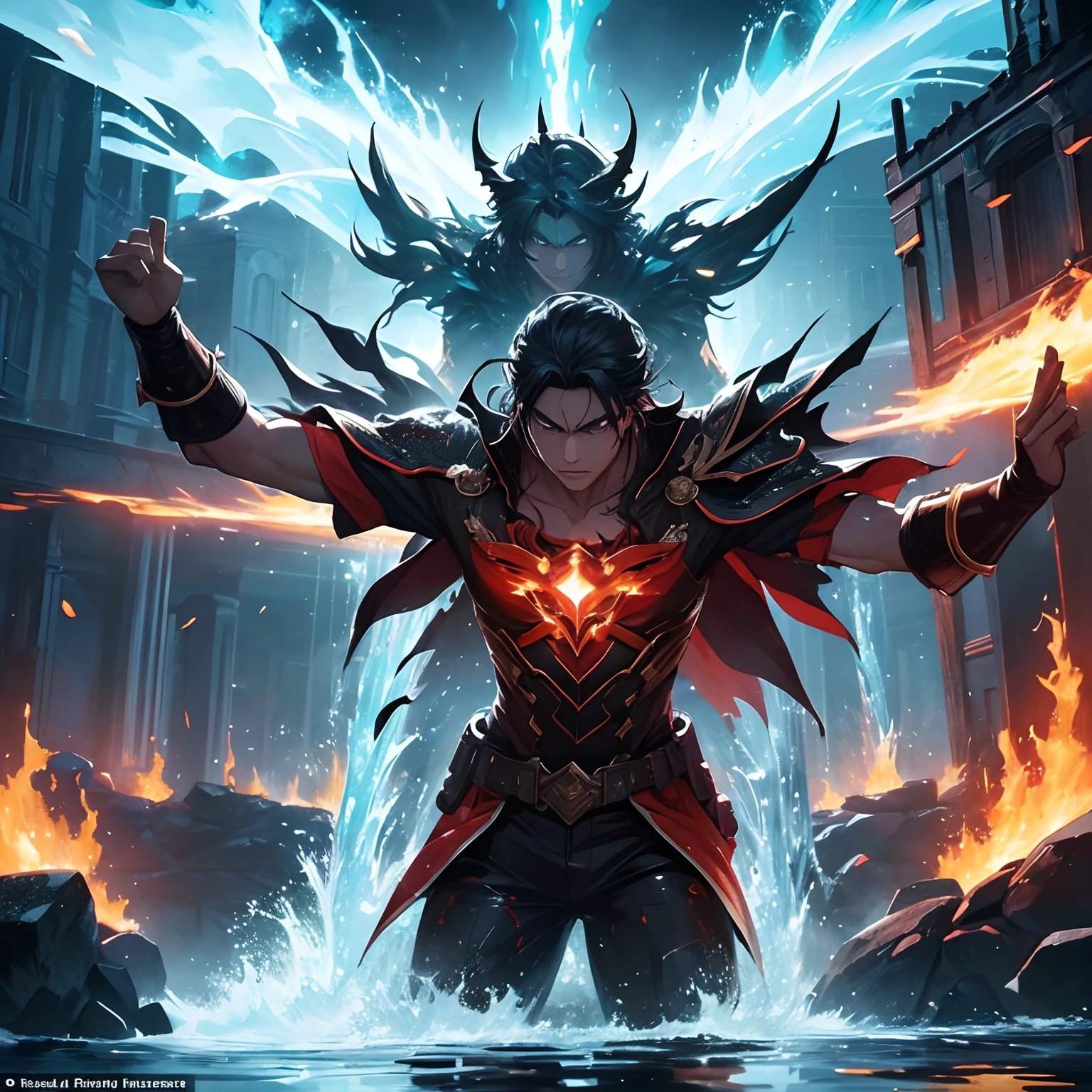 (fire hero vs water hero,epic battle),oil painting,detailed characters,captivating background,vibrant colors,high contrast lighting,mythical atmosphere,astonishing details,explosive energy,heroic poses,magic effects,traditional art style,riveting storyline,magical elements,cheering crowd,reflections in water,powerful techniques,cityscape on fire,torrents of water,fiery explosions,splashes of water,glowing embers,emotional intensity,powerful emotions,dynamic composition,hope and despair,ultimate showdown,bravery and determination