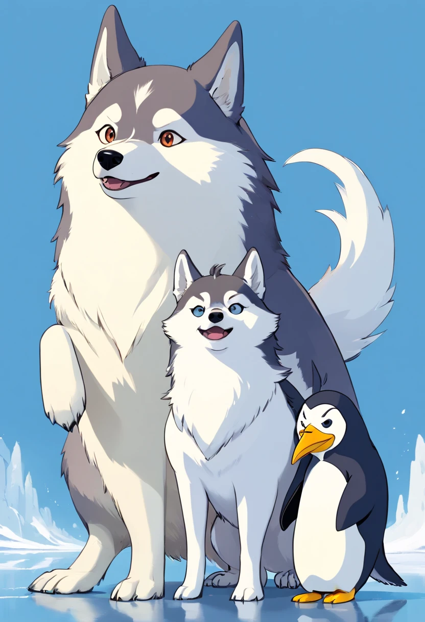 1 creature, A fusion of back and white husky dog and penguin with husky head and penguin body, ears of husky, nose and mouth of husky, legs and arms of penguin, tail of penguin, yeallow legs, happy face, comic style, simple background