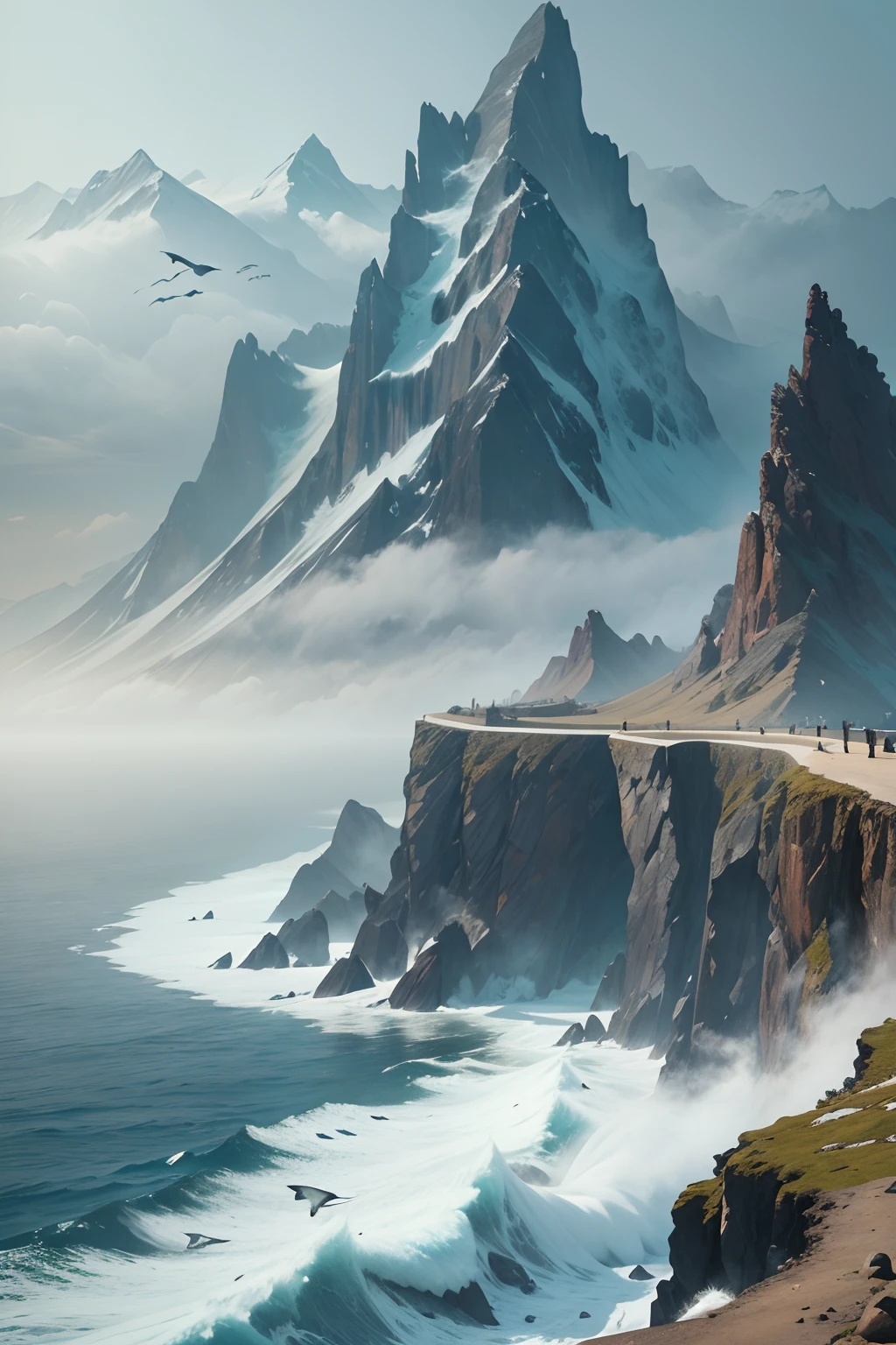 a high mountain wall, with fog and birds all around, at the edge of the sea, with the waves crashing below, seen from afar and from above