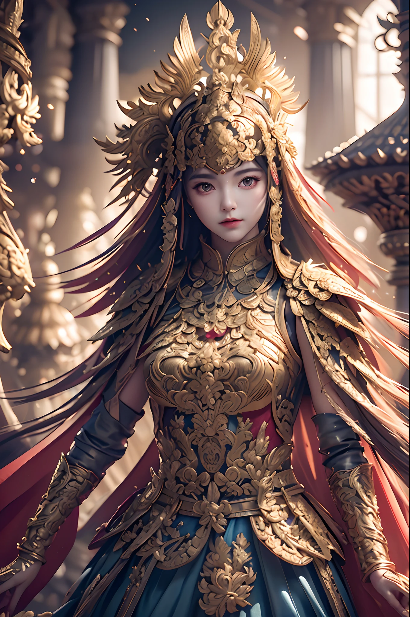 ((masterpiece))), (((best quality))), ((ultra-detailed)), (hyperrealistic), (highly detailed CG illustration), cinematic light, photorealistic ,extremely beautiful young lady, light makeup, big breast,  intricate detailed eaba, red cape, spear