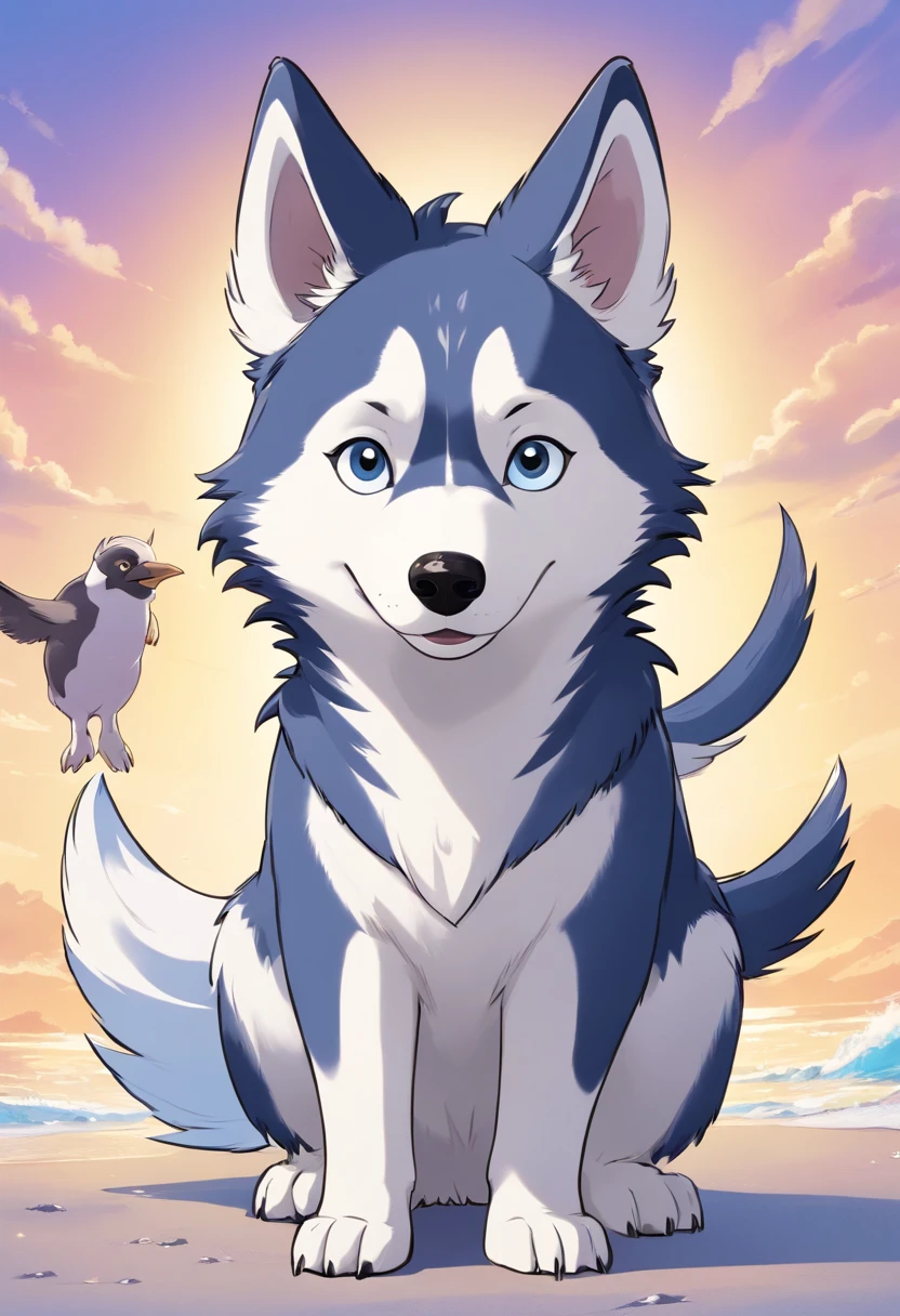 1 creature, A fusion of back and white husky dog and penguin with husky head and penguin body, ears of husky, nose and mouth of husky, legs and arms of penguin, tail of penguin, yeallow legs, happy face, comic style, simple background
