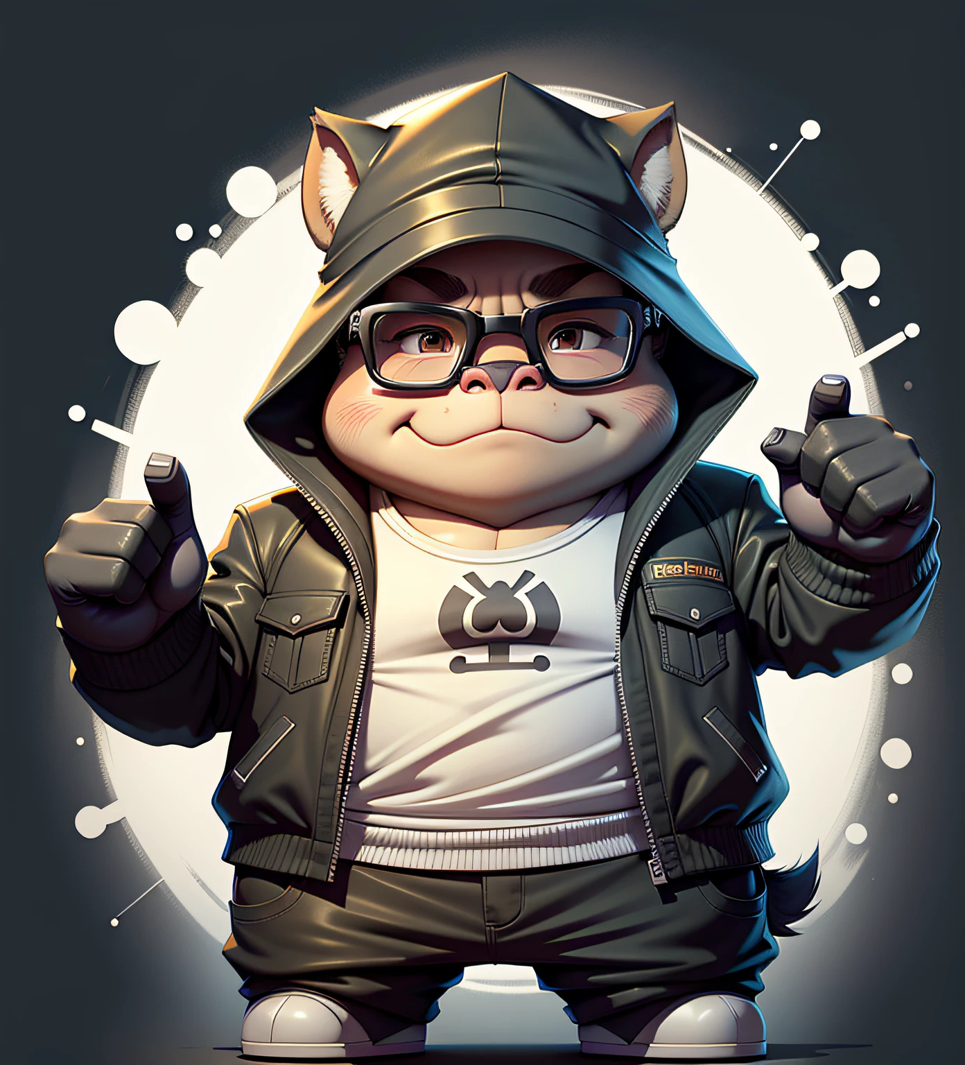 C4tt4stic,Cartoon hippo with black suit and fashionable glasses,,Pose with right hand thrust up and left hand against hip,Angle from the side、White background