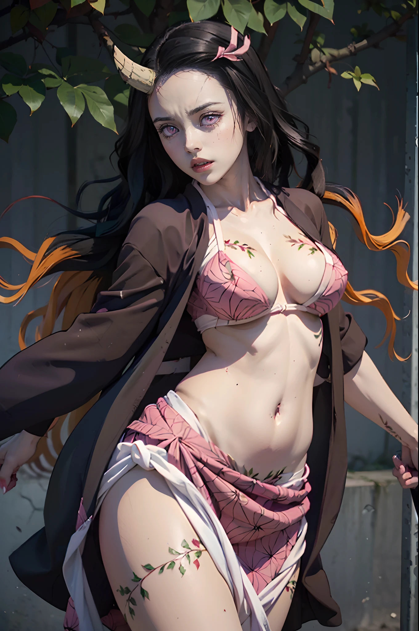 (ultra realistic photo of Nezuko kamado goddess of beauty, bright pink eyes, angry expression with anger, hatred, she has a horn, 8k, UHD, hot girl with ultra giant breasts, huge long breasts sticking out of her kimono, erotic, with hair long black ones with orange tips, sexy pink Japanese kimono, thong stuck in her pussy, pubic hair showing), perfect curved body, Nezuko with a piece of bamboo stuck in her ass, (Nezuko, Nezuko-chan, Art style of Demon Slayer, kimetsu no yaiba), Sexy female anime character, (Nezuko, in her demon form, Huge breasts, giant long breasts sticking out of her clothes, her breasts stick out of her kimono, showing her beautiful pointy breasts), ( The length of her ultra-giant breasts goes down to her toned belly, she has leaf tattoos running down her sexy erotic body), Demon Slayer rui fanart, wielding kunai, Marin Kitagawa Fanart, clean and detailed anime art, a very beautiful berserker woman, by Kamagurka, professional art, perfect detail, (Nezuko Kamado in her demonic form showing her giant and hairy pussy, based on the Demon Slayer kimetsu no yaiba), photo taken up close,