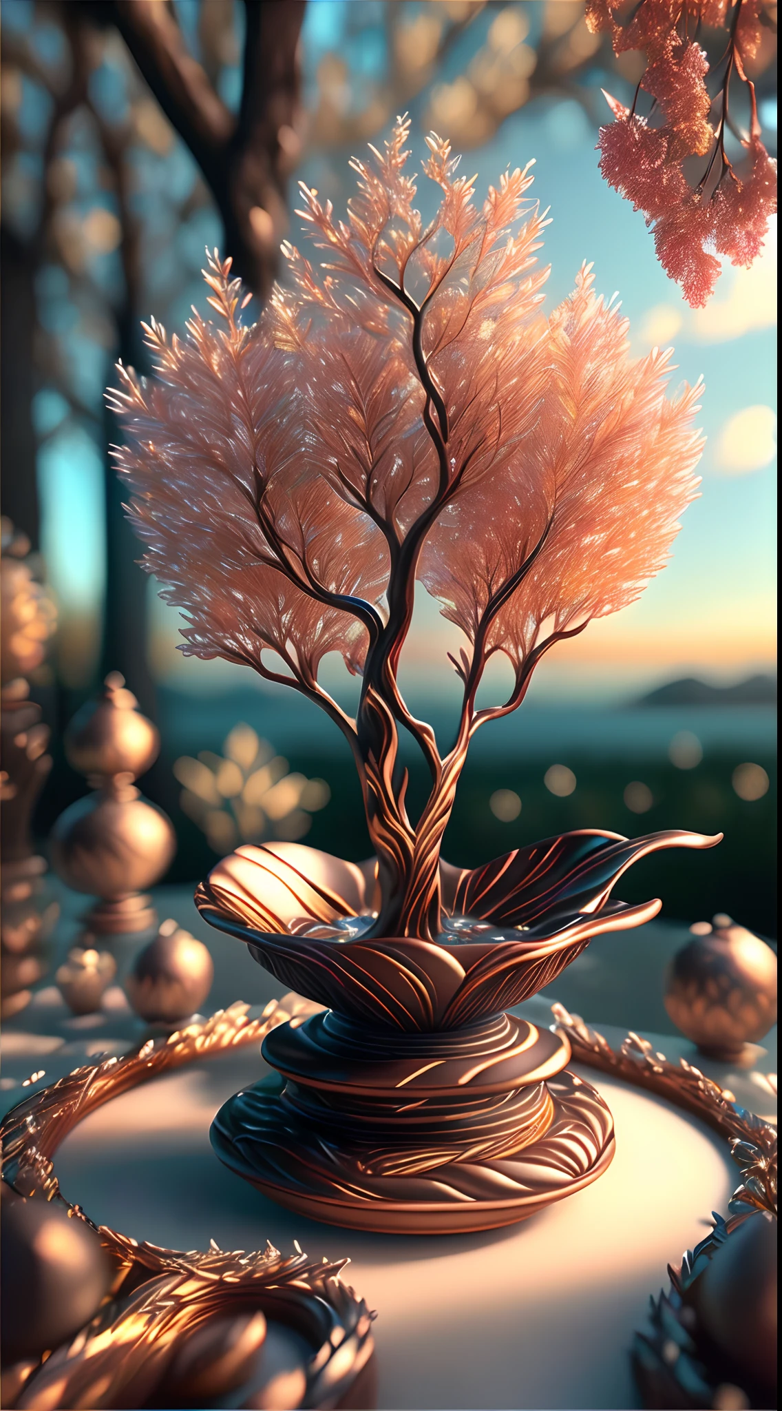 (Best quality,4K,8K,A high resolution,Masterpiece:1.2),Ultra-detailed,(Realistic,Photorealistic,photo-realistic:1.37),Escultura:1.37,Northern,south,Multiverse,Diverse landscape,Natural beauty,Ceramic craftsmanship,Glass surface,Twisted branches,Flickering flames,Art gallery