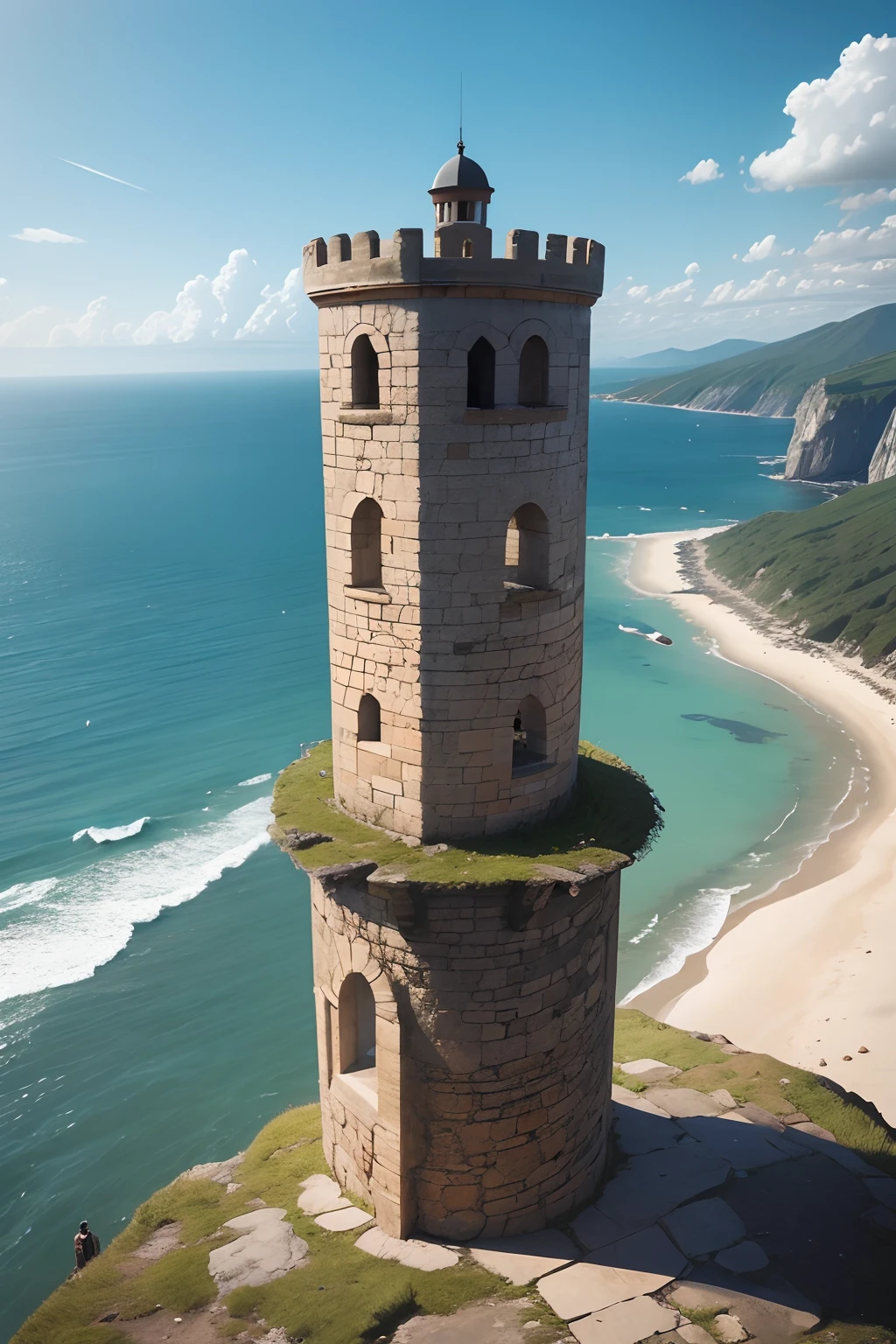 a watchtower made of stone, on top of a mountain, with a view of the sea to the side, seen from above and from afar
