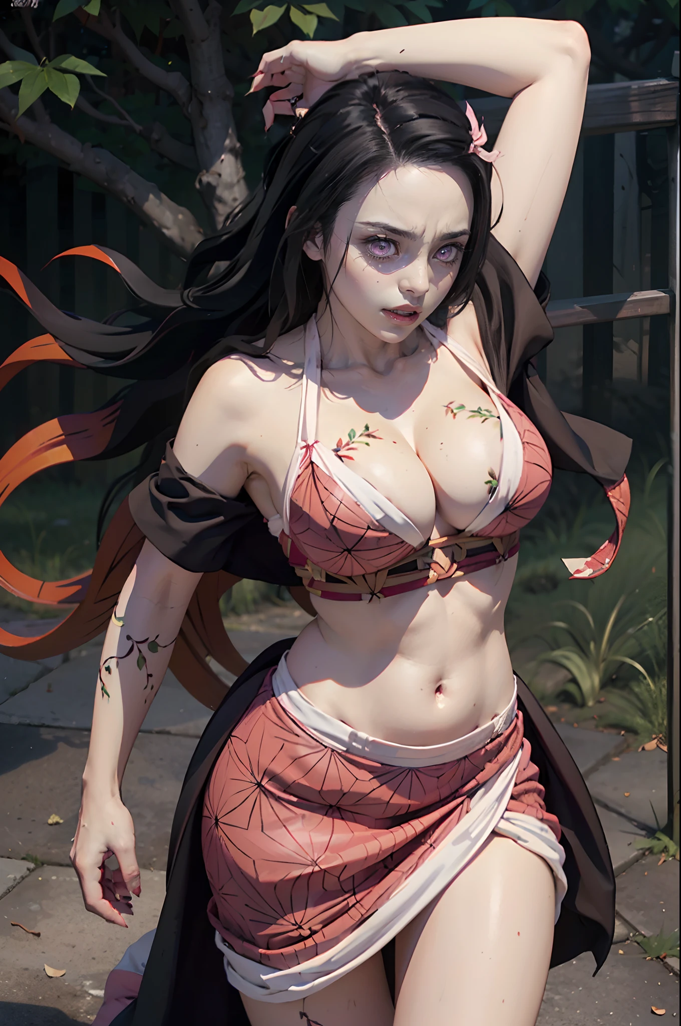 (ultra realistic photo of Nezuko kamado goddess of beauty, bright pink eyes, angry expression with anger, hatred, she has a horn, 8k, UHD, hot girl with ultra giant breasts, huge long breasts sticking out of her kimono, erotic, with hair long black ones with orange tips, sexy pink Japanese kimono, thong stuck in her pussy, pubic hair showing), perfect curved body, Nezuko with a piece of bamboo stuck in her ass, (Nezuko, Nezuko-chan, Art style of Demon Slayer, kimetsu no yaiba), Sexy female anime character, (Nezuko, in her demon form, Huge breasts, giant long breasts sticking out of her clothes, her breasts stick out of her kimono, showing her beautiful pointy breasts), ( The length of her ultra-giant breasts goes down to her toned belly, she has leaf tattoos running down her sexy erotic body), Demon Slayer rui fanart, wielding kunai, Marin Kitagawa Fanart, clean and detailed anime art, a very beautiful berserker woman, by Kamagurka, professional art, perfect detail, (Nezuko Kamado in her demonic form showing her giant and hairy pussy, based on the Demon Slayer kimetsu no yaiba), photo taken up close,