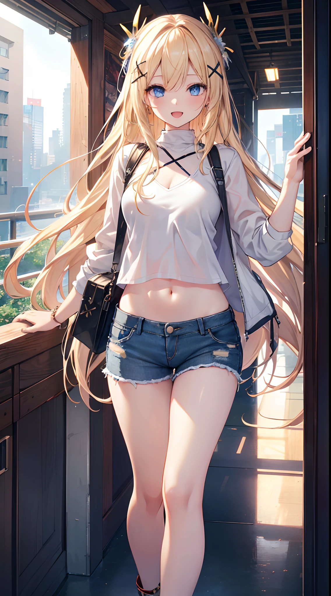 best quality,ultra-detailed,high resolution,extremely detailed cg,anime picture,unity 8k wallpaper,
blond hair,blue eyes,long hair,ripped shorts,white shirt,purse,navel,looking at viewer,hair ornament,smile,pov doorway,open mouth,denim,x hair ornament,cyberpunk,