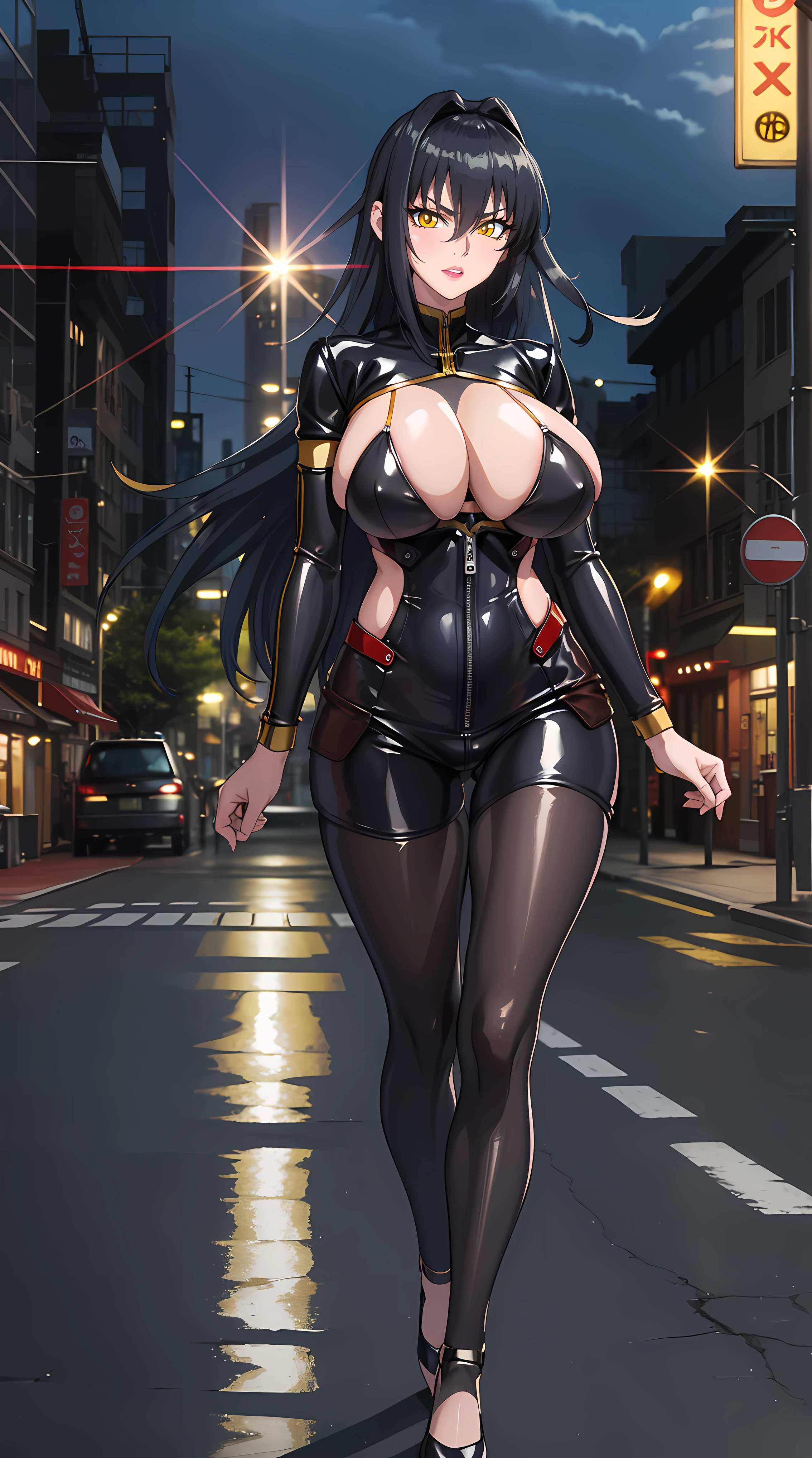 walking on road at midnight background, empty streets,
cowboy shot, Annerose,
black outfit, bodysuit latex,
 black_hair,yellow_eyes, long_hair, hair intakes,
1 girl, 35yo,mature female,Beautiful Finger,Beautiful long legs,Beautiful body,Beautiful Nose,Beautiful character design, perfect eyes, perfect face,
looking at viewer,  (big_yellow_eyes:1.0),(seductive look:1.3),
NSFW,official art,extremely detailed CG 8k wallpaper, perfect lighting,Colorful, Bright_Front_face_Lighting,
(masterpiece:1.0),(best_quality:1.0), ultra high res,4K,ultra-detailed,
photography, 8K, HDR, highres, absurdres:1.2, Kodak portra 400, film grain, blurry background, bokeh:1.2, lens flare, (vibrant_color:1.2)
(Beautiful,large_Breasts:1.4), (beautiful_face:1.5),(narrow_waist),