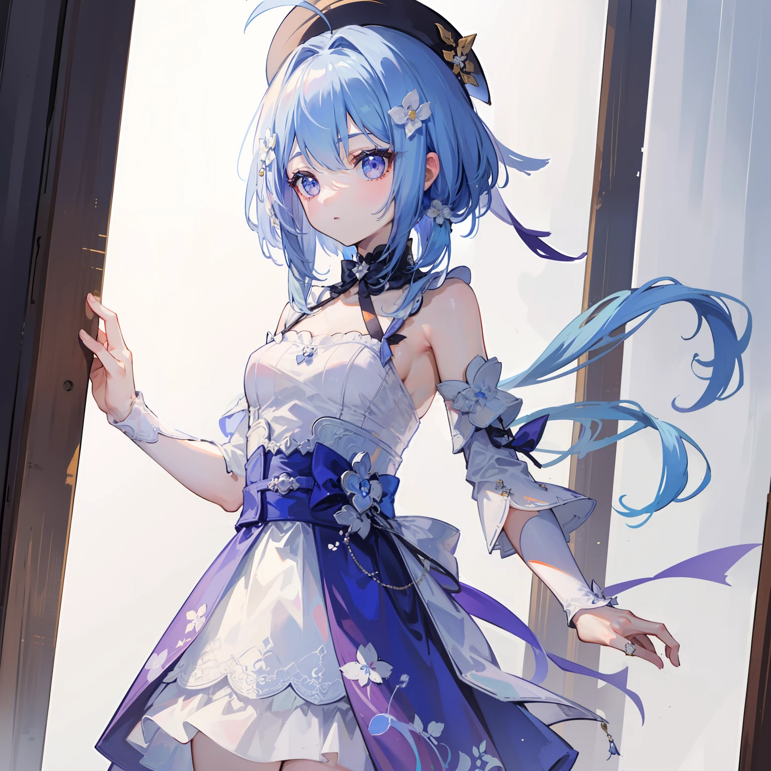 Griseo, 1girl, high quality, best quality, masterpiece, (highly detailed:1.2), (extremely detailed:1.3), flat chest, string ribbon, high-waisted skirt, blouse, bare shoulders, sideboob