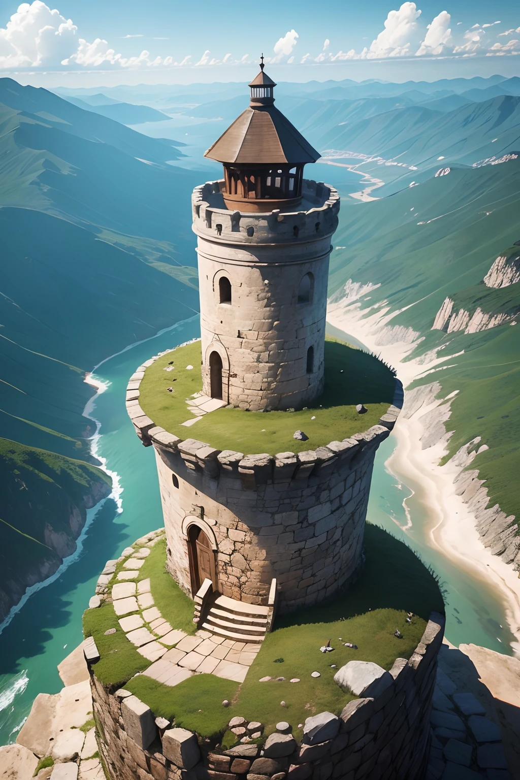 a watchtower made of stone, on top of a high mountain, which sits on a wall of mountains, with a view of the sea to the side, seen from above and from afar