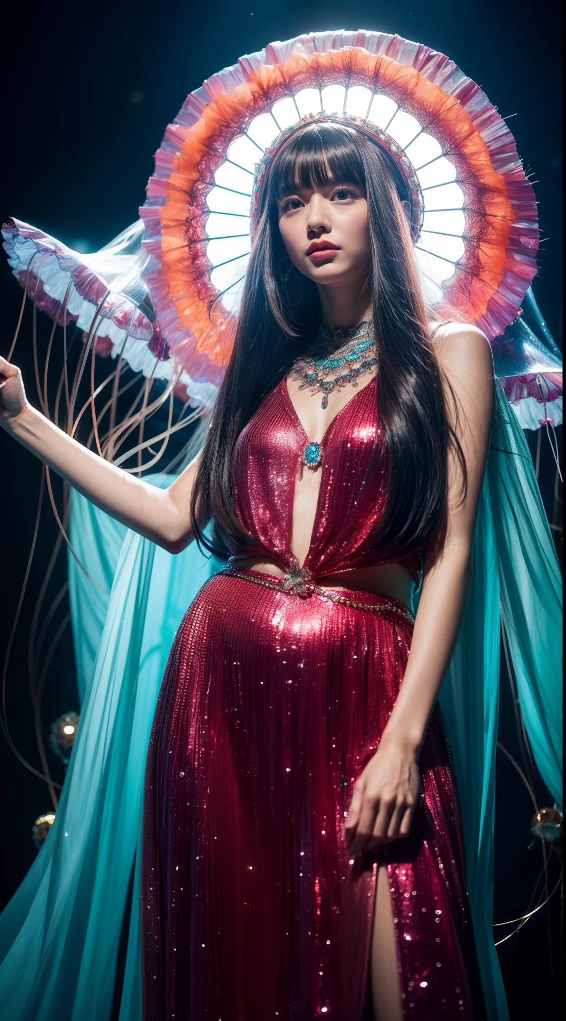 Jellyfish fashion, vibrant Jellyfish scene, Jellyfish style, nostalgic ambiance, energetic Jellyfish floor:0.2 image of a Jellyfish girl, immersed in the vibrant atmosphere of a fantasy case. His attire reflects the fashion trends of the era, soft patterns. The fantasy scene is alive, a fantasy floor, and Jellyfish around to the rhythm of the bate. The ambiance transports viewers back to the vibrant and energetic, capturing the spirit of fun, freedom, and self-expression that defined the Jellyfish culture, black long hair with bangs, midshot, centered image, ultra detail, extremely face detail, extremely eye detail, a girl pale skin, small breasts, Jellyfish outfit, asian girl, half girl