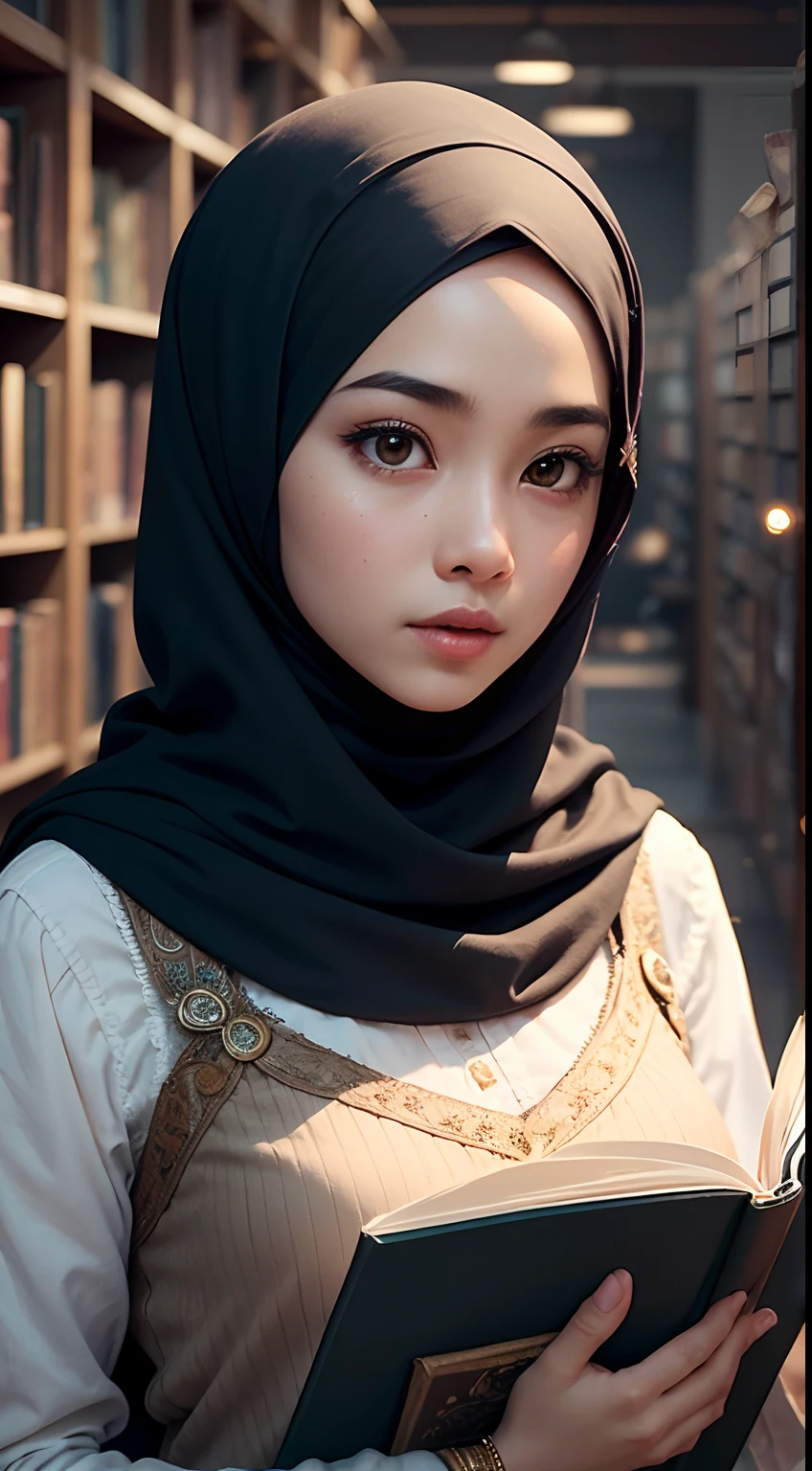 Produce an exceptionally detailed and lifelike scene portraying a young Malay girl, elegantly adorned in a hijab, immersed in a library. Her expression should reflect sheer surprise as magical fairies burst forth from the book she's reading. Strive for impeccable photorealism and an 8K resolution with a dynamic depth of field.