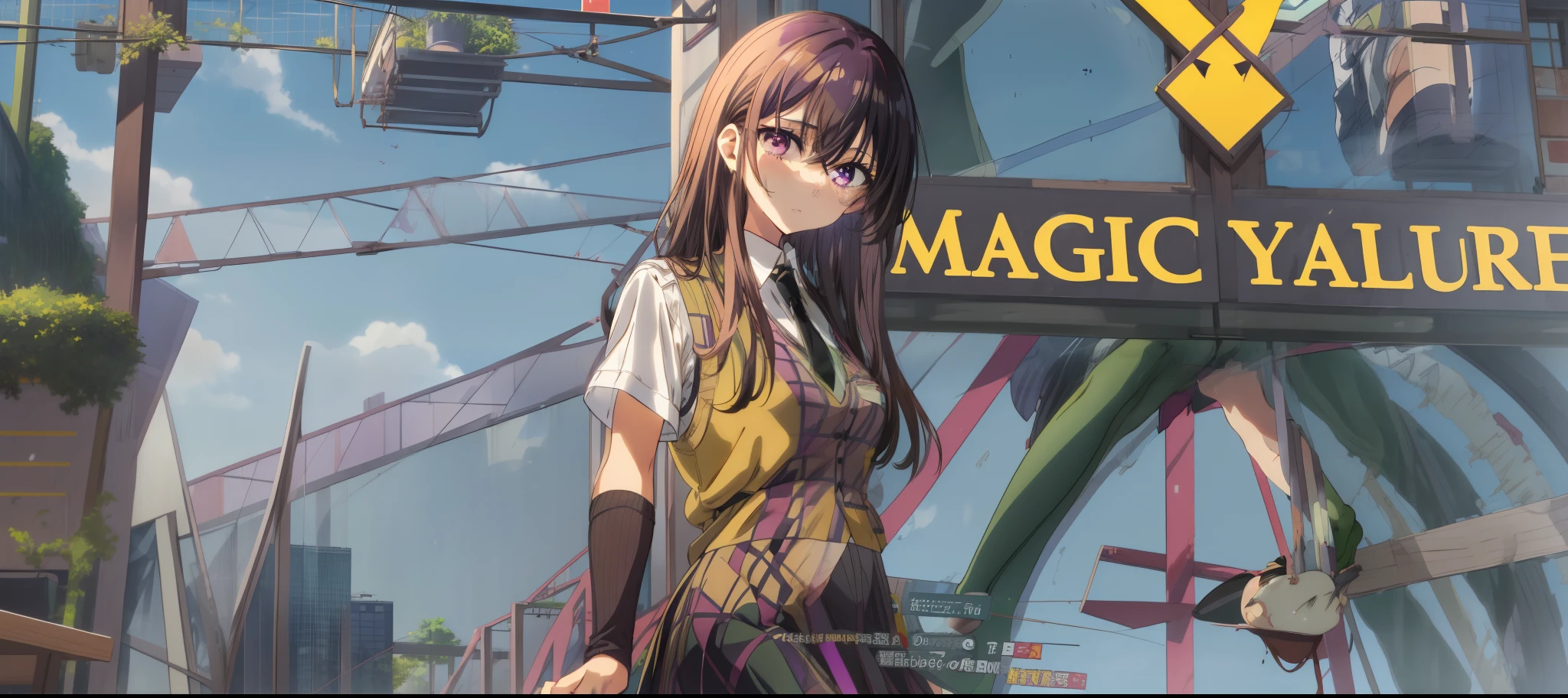masterpiece,best quality,1girl,aihara mei,black hair,long hair,hair between eyes,hair over breasts,purple eyes,expressionless,school uniform,dress shirt,green vest,short sleeves,black necktie,brown checkered skirt,green socks,