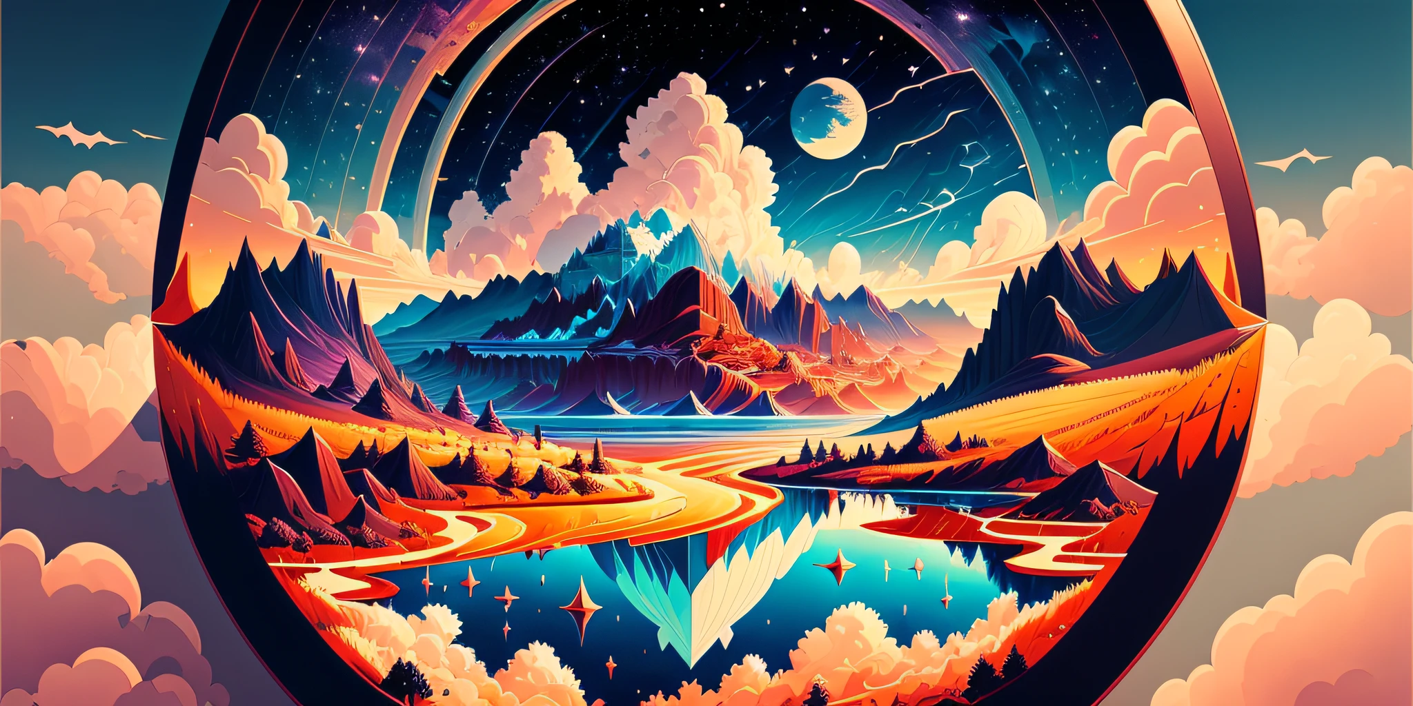 A beautiful land full of water and and clouds, astrophotogr,masterpiece, expert, insanely detailed, 4k, composition, centered, painted, intricate, volumetric lighting, beautiful, rich deep color masterpiece, sharp focus, ultra detailed, no dan mumford and marc simonetti style, vector, print
