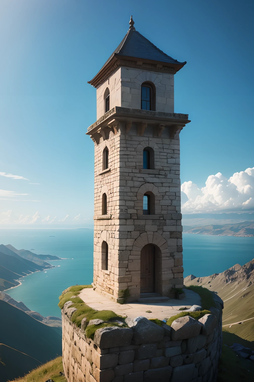 a watchtower made of stone, on top of a high mountain, which sits on a wall of mountains, with a view of the sea to the side, seen from above and from afar