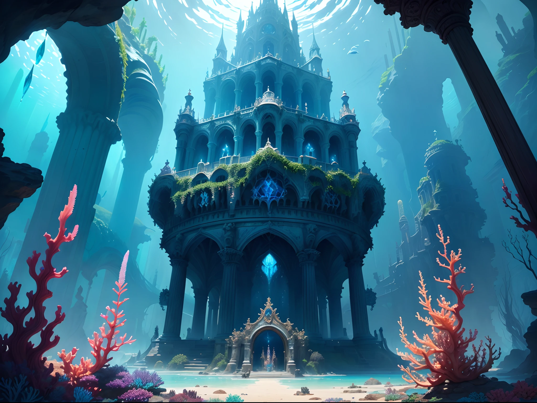 Ancient and magnificent underwater crystal palace, Underwater world, abyssal, The corals, mistic, World of mythology, Guardian of giant mysterious sea creatures, incredulous, UHD, masterpiece, high quality, high details, highres, 1080P, 16k