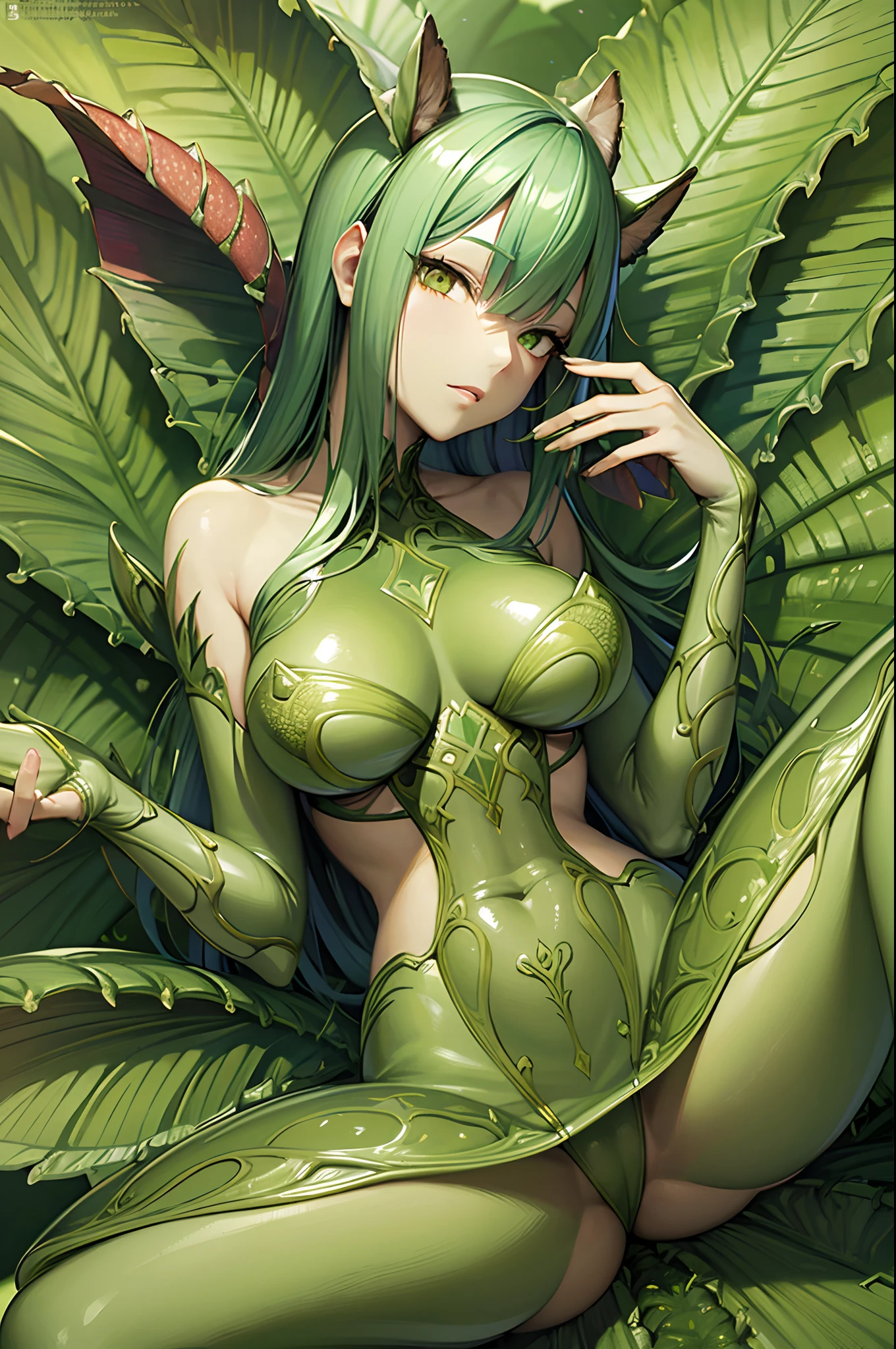 Masterpiece, best quality, A beautiful female Venus flytrap plant girl, wearing scanty, foliage clothing, on a carnivorous plant, in a lush and bright green, anime style, high resolution image, with extremely sharp details, dynamic shadows, and HDR.