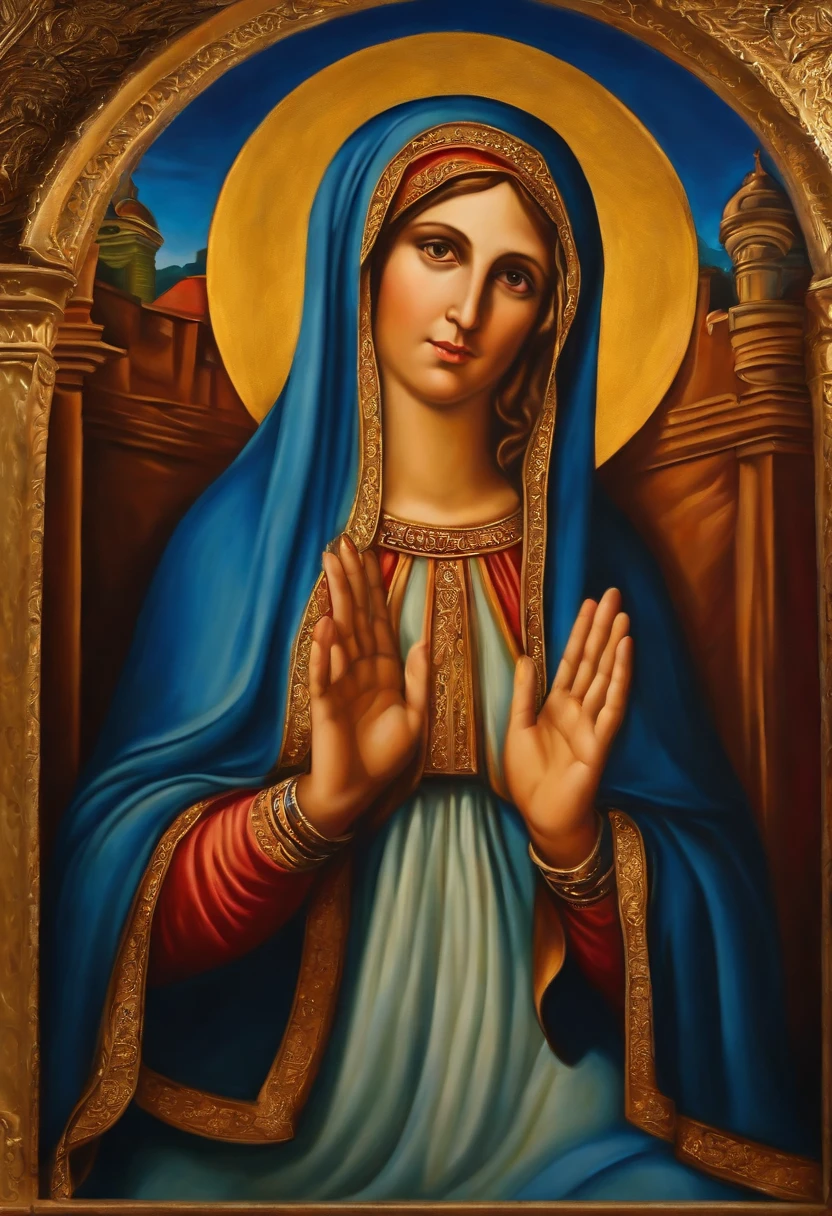 Oil painting of Mary, mother of God, hands with five fingers