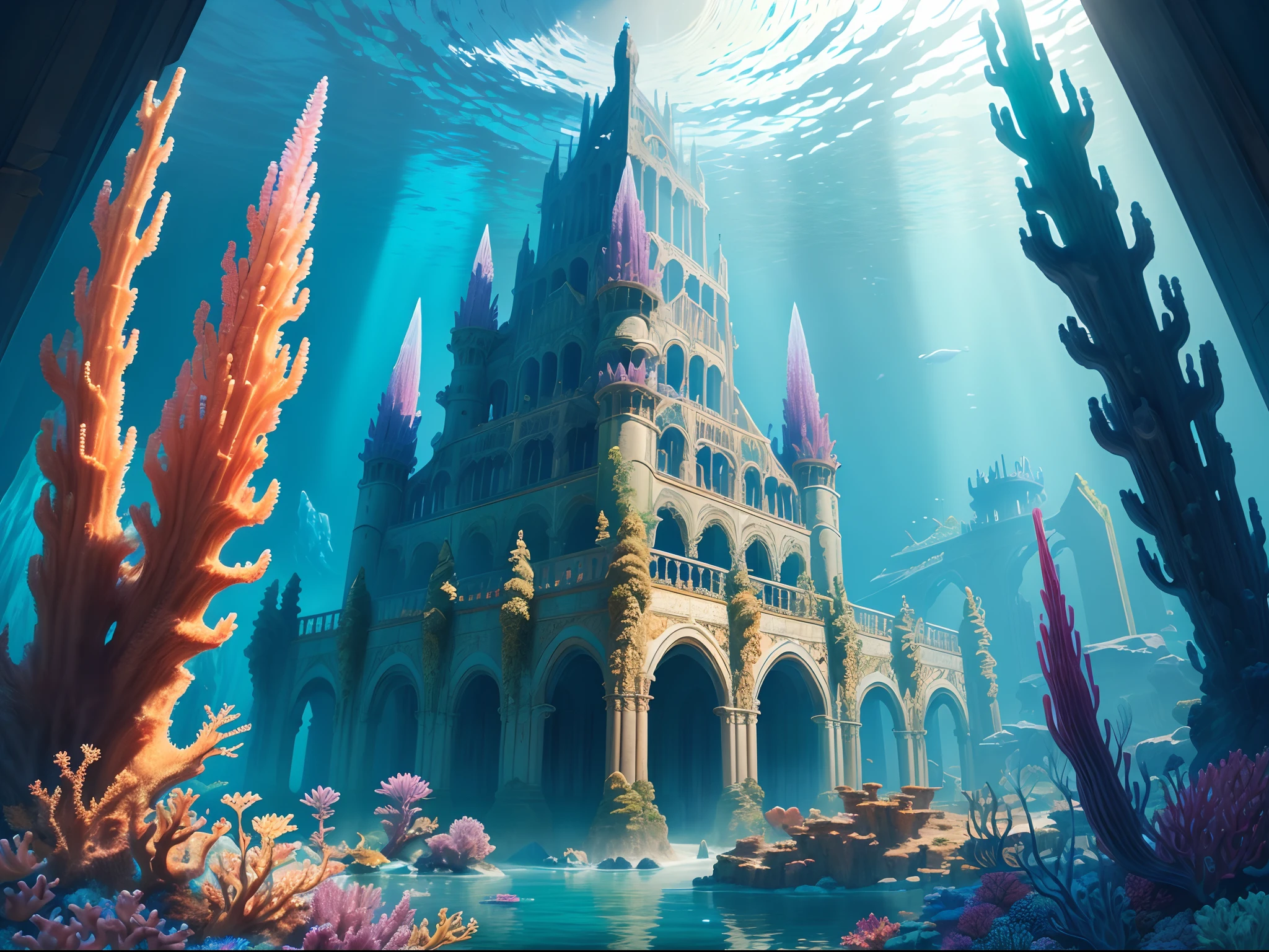 The ancient and magnificent underwater crystal palace:1.7, Underwater world, abyssal, The corals, mistic, World of mythology, Huge mysterious sea creatures:1.4, incredulous, hyper HD, Masterpiece, High quality, High details, A high resolution, 1080p, 16k