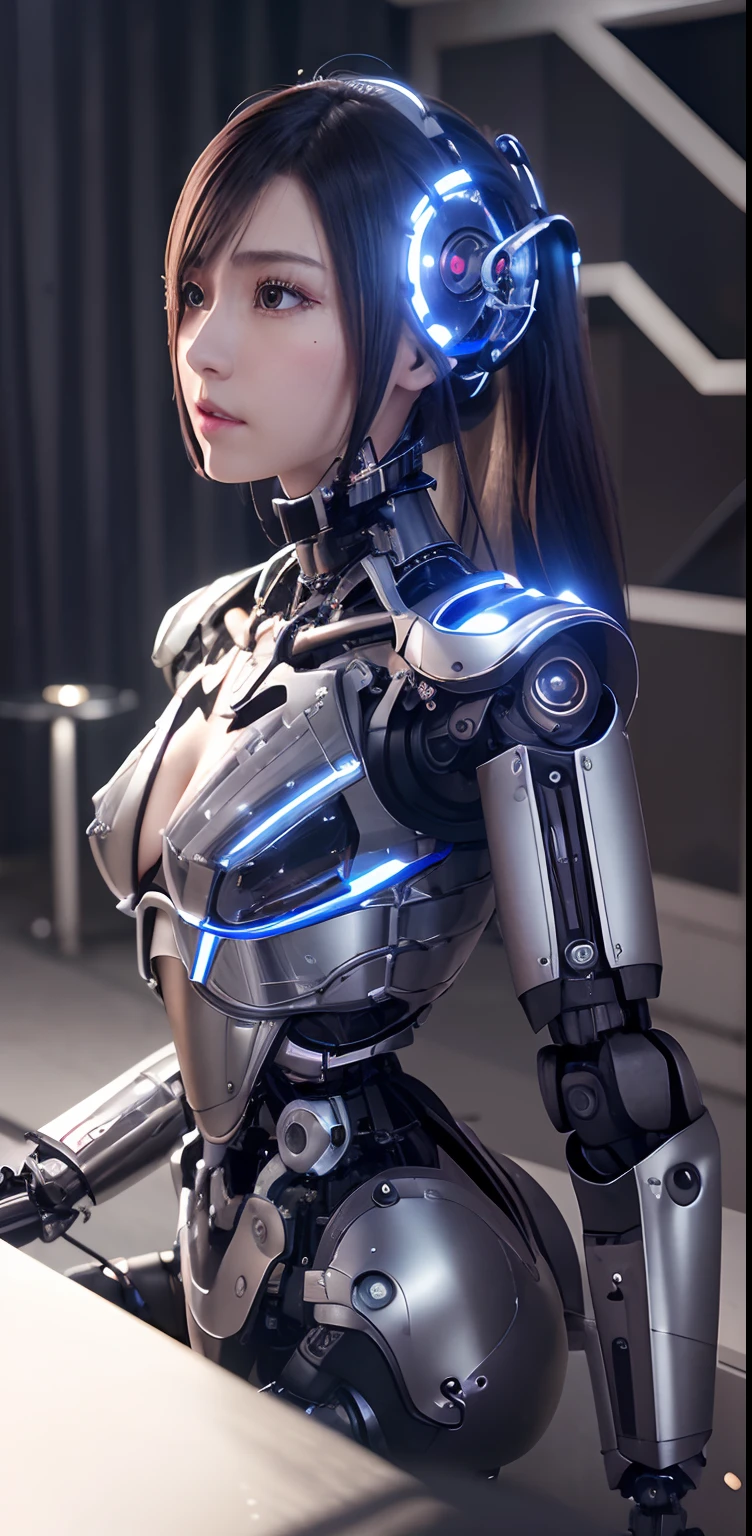 top-quality、​masterpiece、超A high resolution、(Photorealsitic:1.4)、((a beauty girl:1.6)), 1 full-body cyborg girl、、NOhumans、No bust、Black Leotard、Black Armor、destroyed body、Under repair、Decomposing、Full body like、Unknown Planet、electronic brain、((The skin part is only the face)), Luminous Eyes、((Lots of split metal chest protectors)), Metal Robot、((The whole body is the body of a combat robot))、((Body parts are robot parts:1.8))、((The internal mechanisms of the chest are exposed)), ((Mechanical chest armor with LED indicators and meters)), Robot arms and legs、((Exposed metal skeleton of the abdomen))、Metal skeleton of the cervical region、Under repair、destroyed body、Metal Mechanical Bra、Full Body Metal Skin、Metal bodysuit、Metal scales covering the whole body、body made of metal、Whole body metal、a beauty girl、prosthetic hand、artificial leg、Full body cyborg、Exposed metal skeleton、Asian Beauty、cyberpunked、steampunc、Inside the futuristic space battleship、laboratory、Complex 3d rendering beautiful porcelain profile ultra detailed female type android face、dark brown  hair、glowy skin、((super realistic details))、portlate、globalillumination、Shadow、octan render、metals、Details of complex ornaments、Japan details、highly intricate detail、Realistic light、CGSoation Trends、a purple eye、radiant eyes、Facing the camera、neon details、Mechanical limbs、blood vessels connected to tubes、Mechanical vertebrae attached to the back、mechanical cervical attaching to neck、sitting on、Wires and cables connecting to the head、Gundam、Small LED lamp、​masterpiece、 Metal Robot、body made of metal、Whole body metal、prosthetic hand、artificial leg、Full body cyborg、Exposed metal skeleton、Asian Beauty、cyberpunked、steampunc、Futuristic cities、laboratory、Complex 3d rendering beautiful porcelain profile super detailed female android face、cyborgs、roboticparts、150mm、beautiful studio soft light、Rim Lights、vibrant detail、luxuriouscyberpunk、Ren Hao、surrealistic、Anatomical、face muscles、cable electric wires、micr