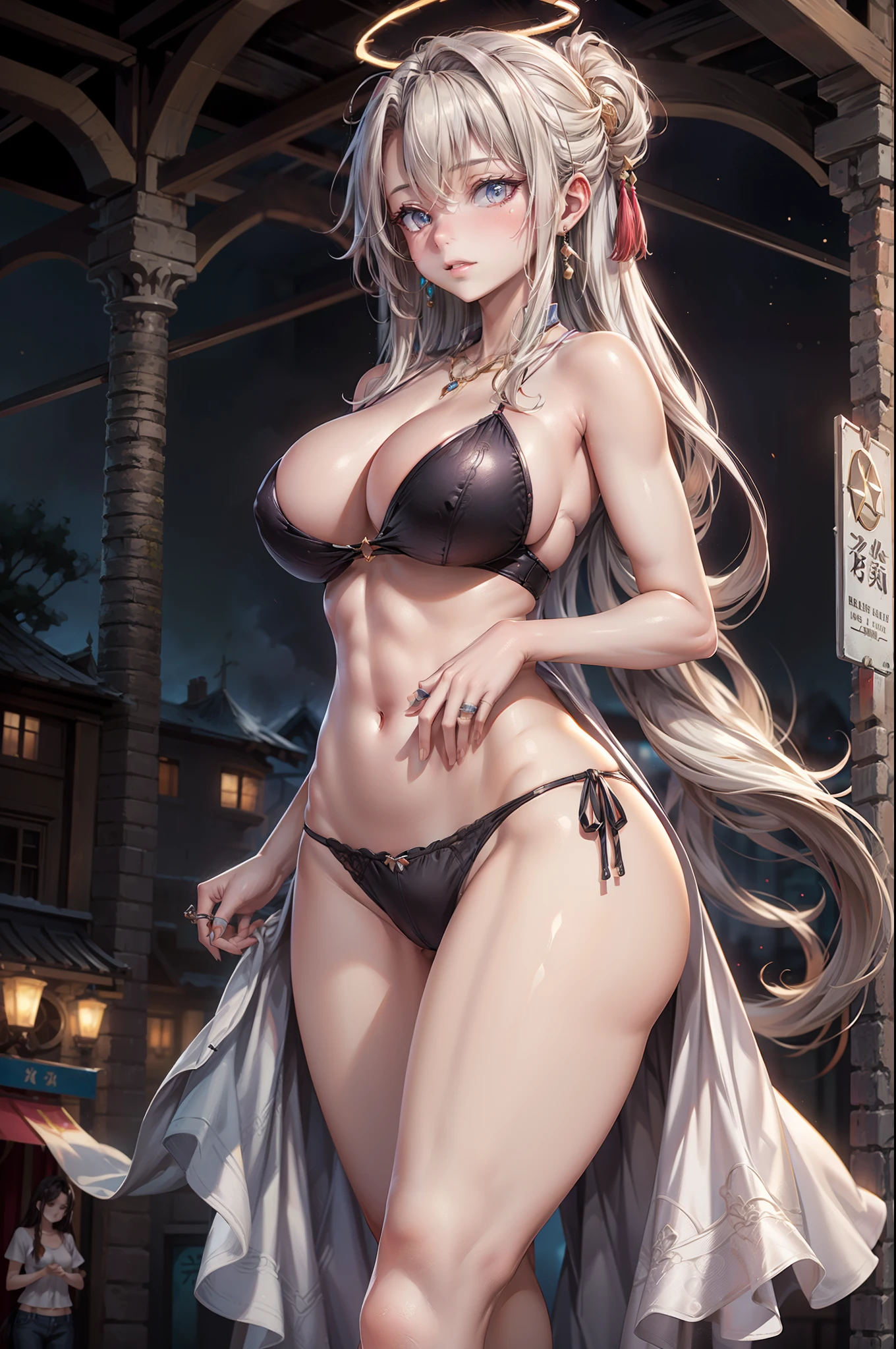 (8K, super-fine, super-fine, High quality, special effects, highest masterpiece, Realistic effects, Vivid, Natural movements), Two sexy and charming girls, girl, Teenage girnd on the streets of Winterwood City, Long milky white hair,, Sexy, Sexy tight black mini bikini, cleanness, divino, necklace, Earrings, Halo, ring, (elastic muscles, Beautiful hair) Huge breasts, Lifted, Clear, Wide hips, Big hips, White, Moisturized skin, Beautiful eyes), No underwear, destiny, Elias Phil of Einz Belen