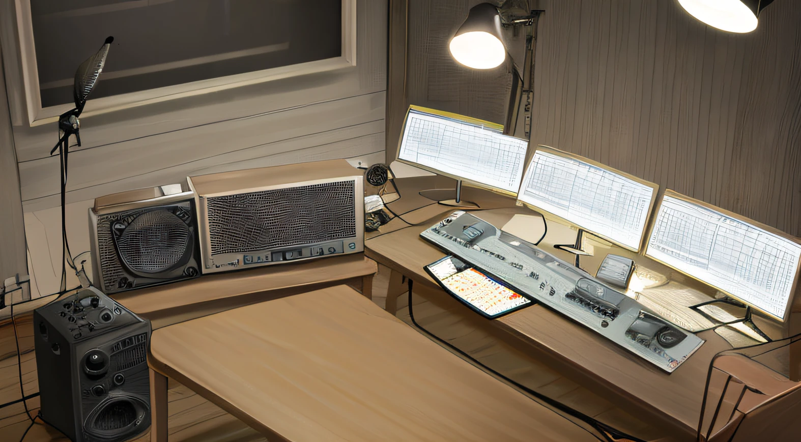 radio、recording、microphone、The table、illuminating