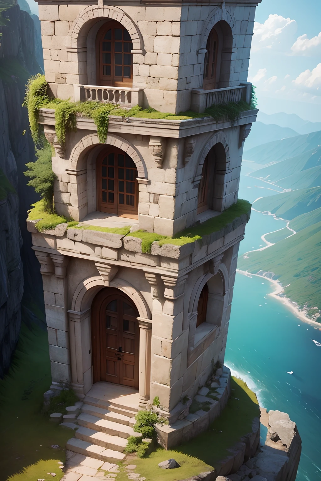 a watchtower made of stone, on top of a high mountain, which sits on a wall of mountains, with a view of the sea to the side, seen from above and from afar