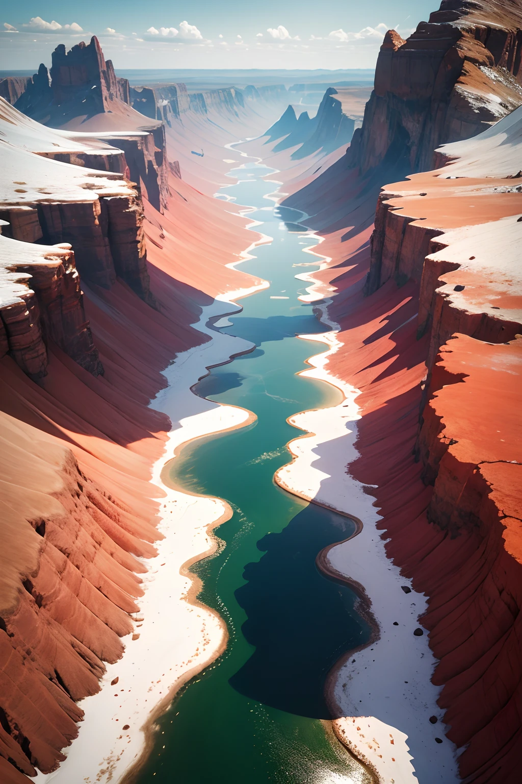 an animal half water and half lion, red in color, flying in a
mountain ranges, seen from above and from afar