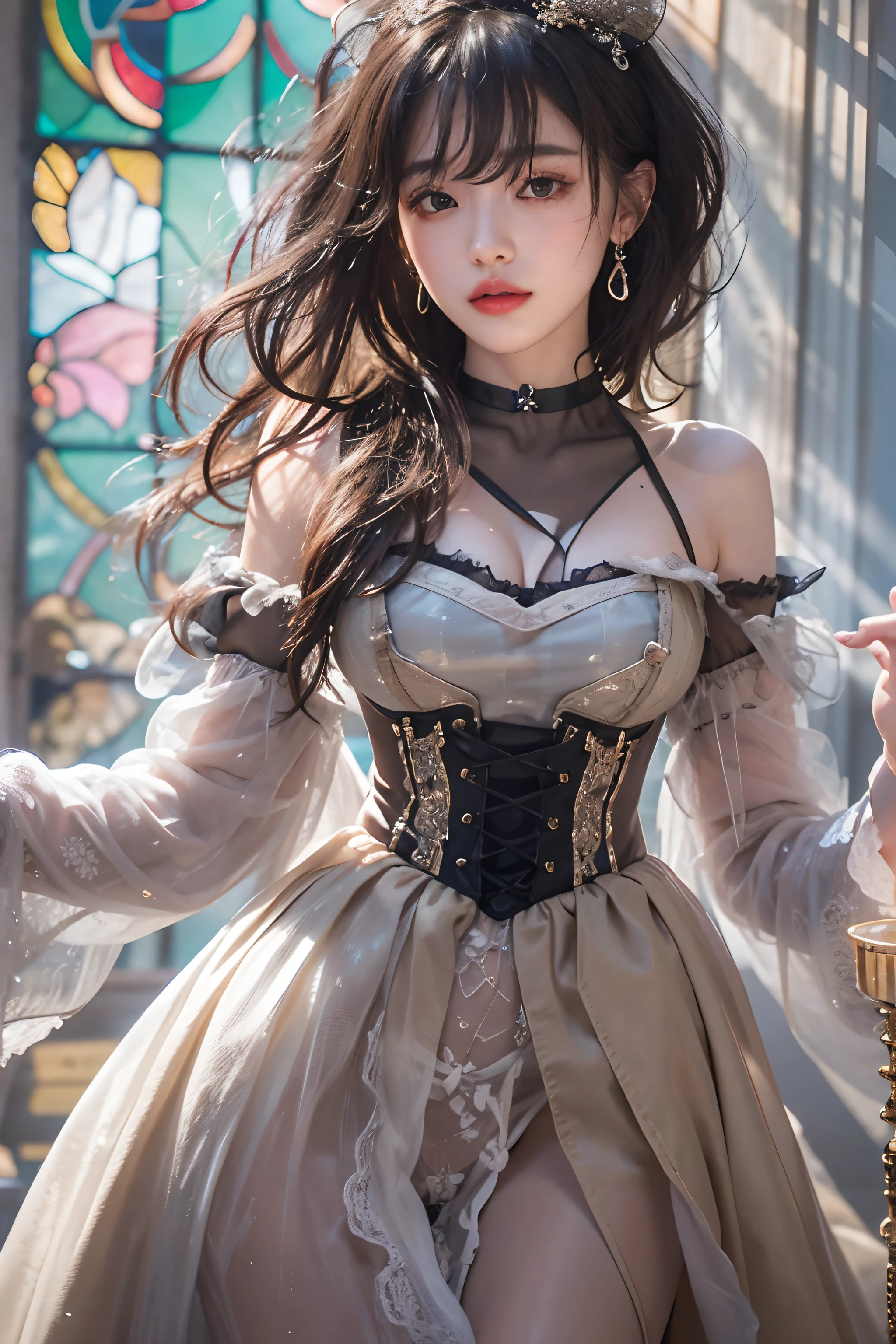 ((upper Shot))、(Photoreal Stick:1.2)、8K UHD、hight resolution、(1girl in)、in her 20s、(looking at view)、(A dark-haired), (Bery short hair)、(Pattsun bangs)、((A wistful look))、(High quality shadows)、Detail Beautiful delicate face、Detail Beautiful delicate eyes、Pretty Kpop Girl、(Korean Urzan Face)、(ulzzang -6500-v1.1:0.6)、pureerosface_v1、gloweyes、perfectbody、 Incredible dynamic range photography(UTIL_Art by Smoose-768:1.1),(wetting hair)、(wetted skin)、 teak、Bright red lipstick、Glossy lips、(a choker)、((Brown eyes))、((Beautiful Finger))、 (Silver Accessories)、Shiny hair、Description beautiful delicate hair、(Lustrous skin)、(Black see-through dress)、(corsets)、(evening)、(Dim concrete ruins)、(Room surrounded by large windows)、(Colorful light from the stained glass of the skylight)、