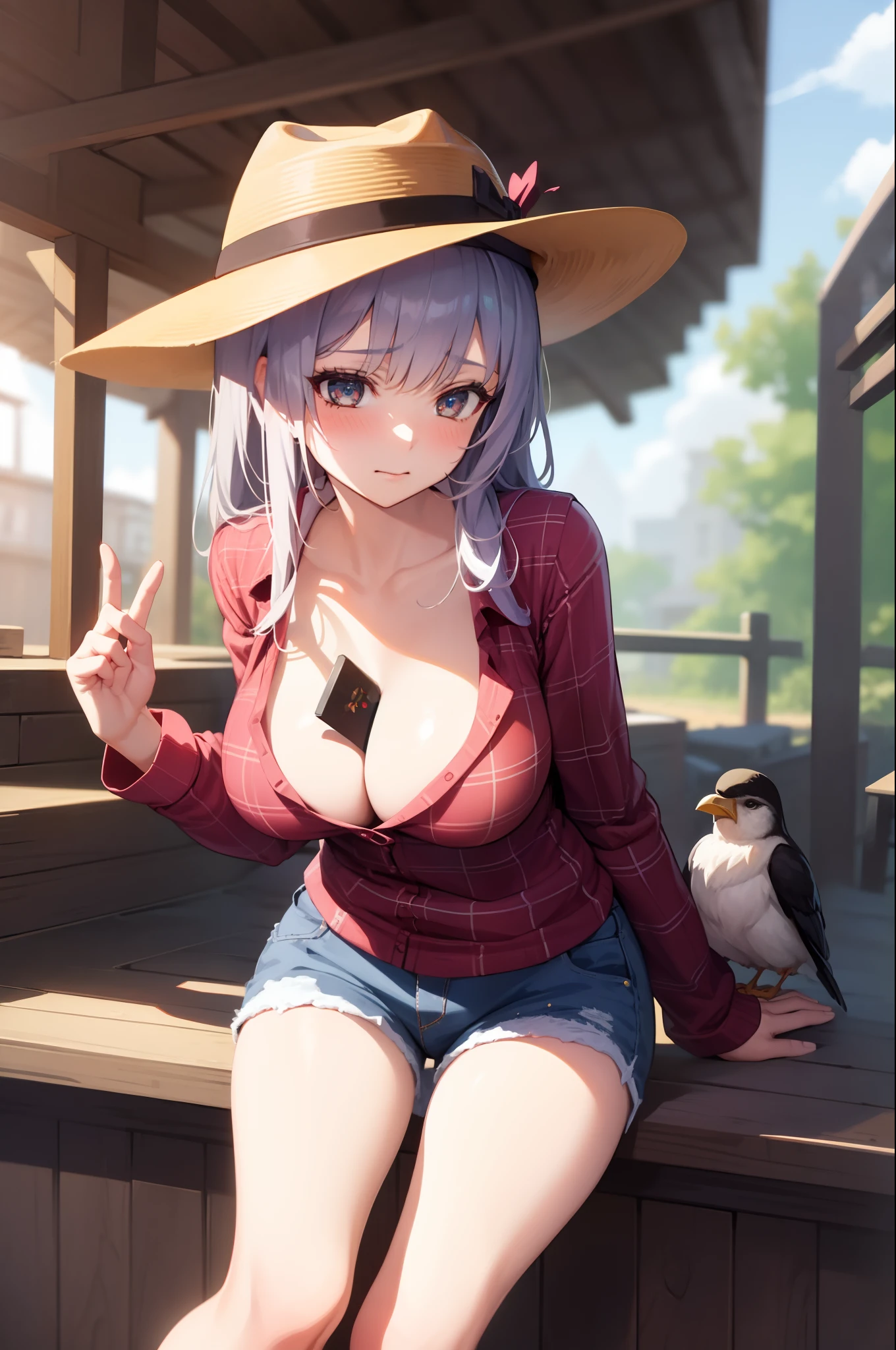 1girl in, between breasts, Bird, Plaid shirt, Denim shorts, barn, a straw fedora hat, cleavage, で,, masutepiece, Best Quality, Highly detailed