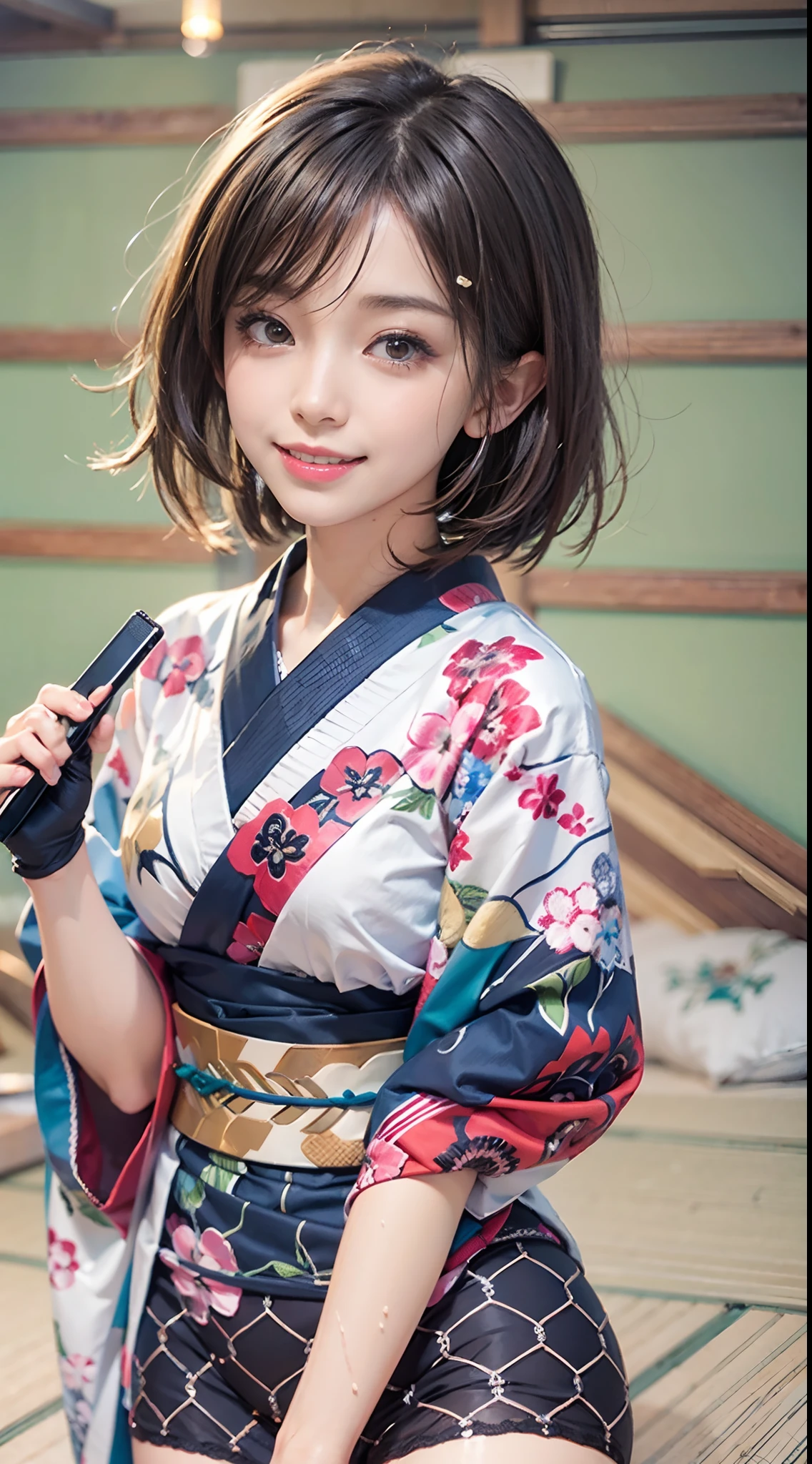 ((pretty Panties)), ((panties focus)), (kimono), traditional Japanese room, Tatami mats, Smiling smile, (NSFW), 1womanl, 独奏, 24 year old, 7headed body, (Ideal ratio body proportions), (Composition from head to thigh), erectile nipple, Sexy body, Wet, short-hair, Dark hair, small tits, A slender, Small buttocks, beauty legs, Skinny Legs, surrealism, Cinematic lighting, depth of fields, One-person viewpoint, F/1.8, 135 mm, nffsw, masutepiece, ccurate, ((Anatomically correct)), Textured skin, Super Detail, high details, High quality, awardwinning, Best Quality, hight resolution, 8K
