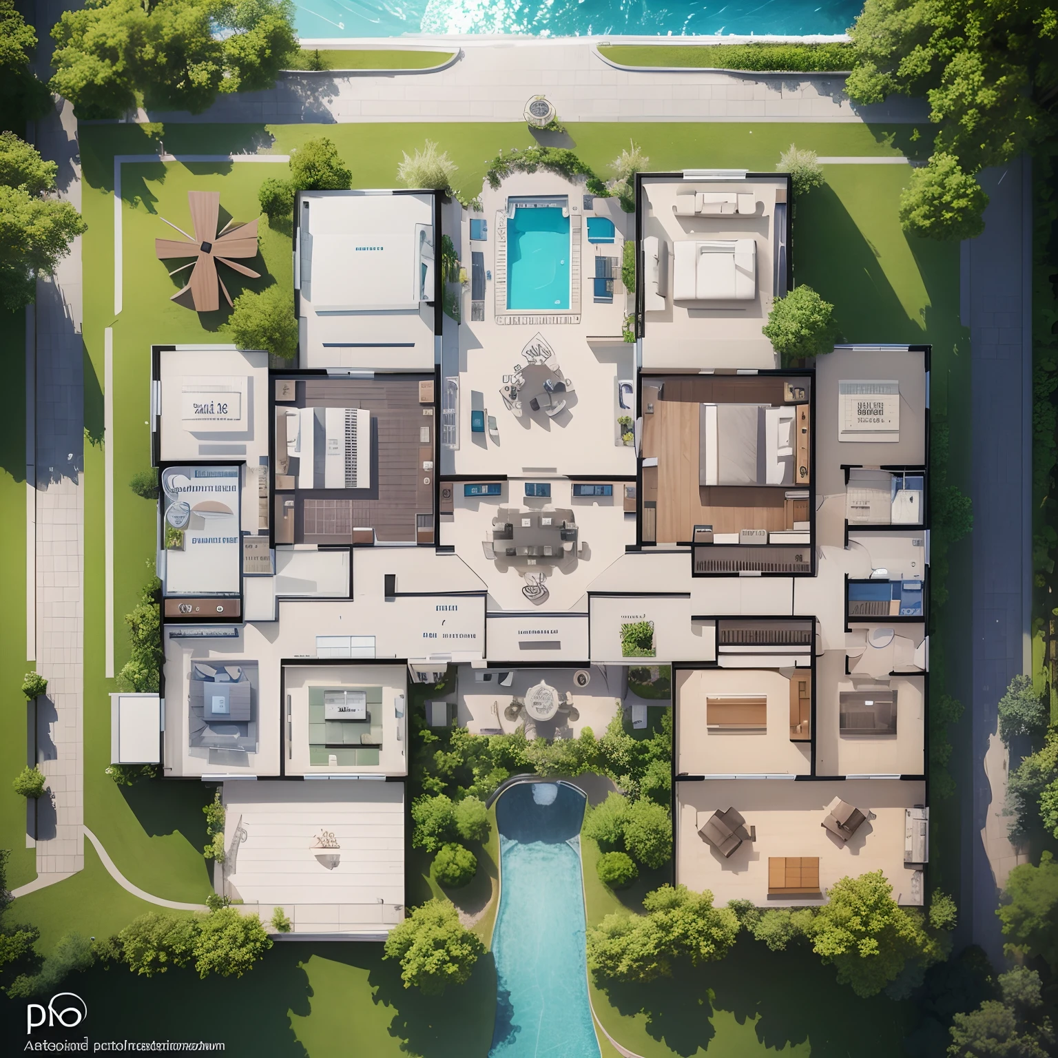 vector art, hd high res ultra high quality top view plan small modern villa,garage,car,pool,ghazebo,water fall, auto cad floor plan drawing, perfect composition, beautiful detailed intricate insanely detailed octane render trending on artstation, 8 k artistic photography, photo realistic concept art, soft natural volumetric cinematic perfect light, chiaroscuro, award - winning photograph, masterpiece, 2d rendering, top view plan