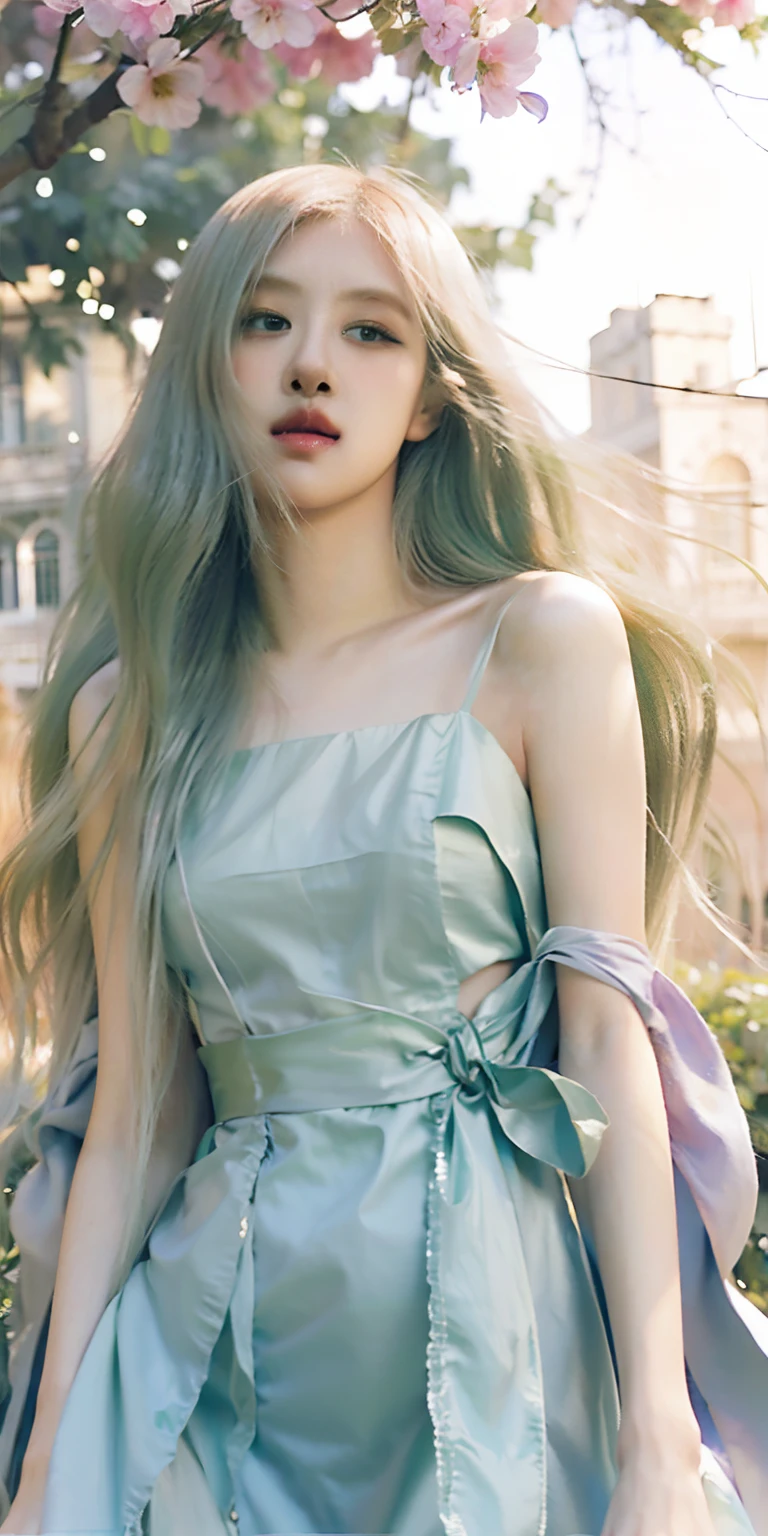 Green theme,green hair blowing in the wind,green flowing dress,beautiful detailed eyes,dreamy expression,soft sunlight,artistic portrait,photorealistic,vivid colors,creative lighting,romantic atmosphere,ethereal beauty,waist-length hair,peaceful and serene, delicate features,pure and innocent,fantasy world,magical ambiance,impressionist painting style