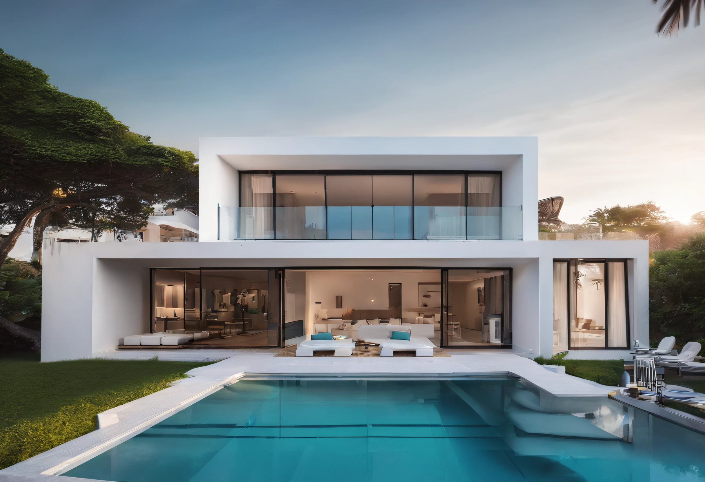 Luxury villa by the sea,White walls,Blue roof,large french window,swimmingpool,palmeiras