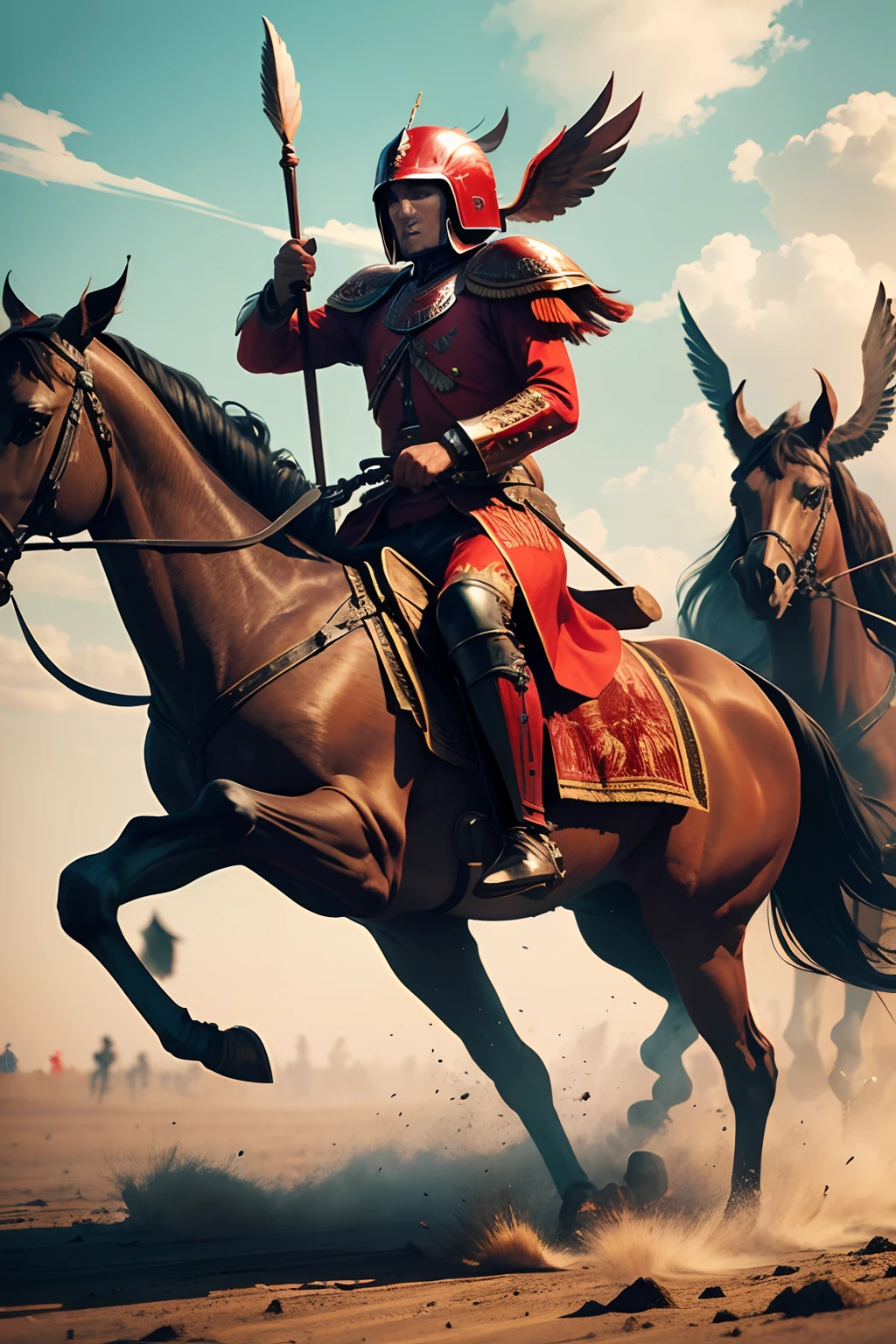Polish winged hussars in battle, woodcut style