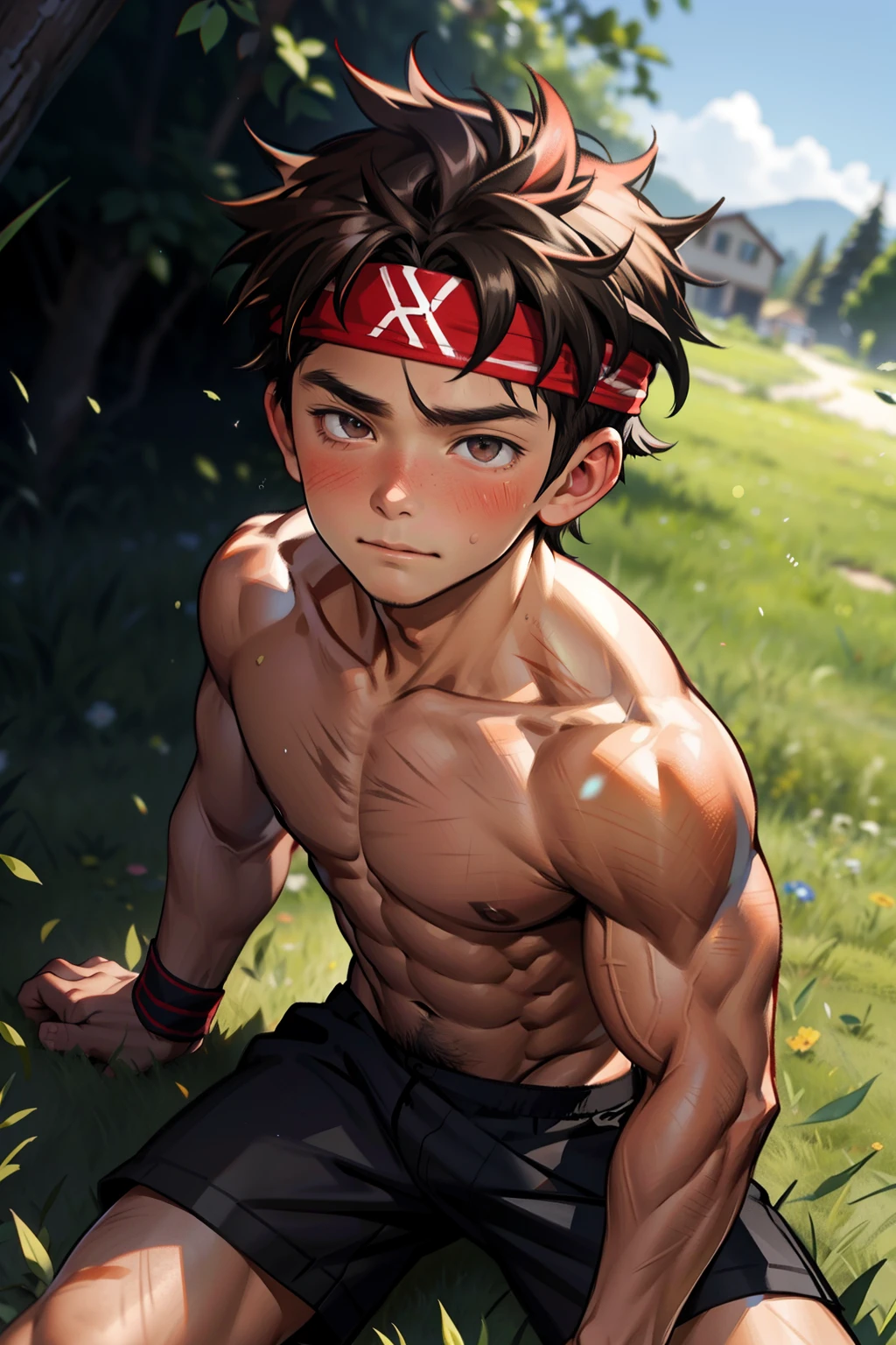 High resolution, masterpiece, The best quality at its best,最high quality,high quality, Height Details, One boy, Shota,  Wearing a headband, Upper body naked、( and cute boy), (Very young boy), (Very small and short body), 12 yea(Show your armpits:1.3), Simple Background, little sweat