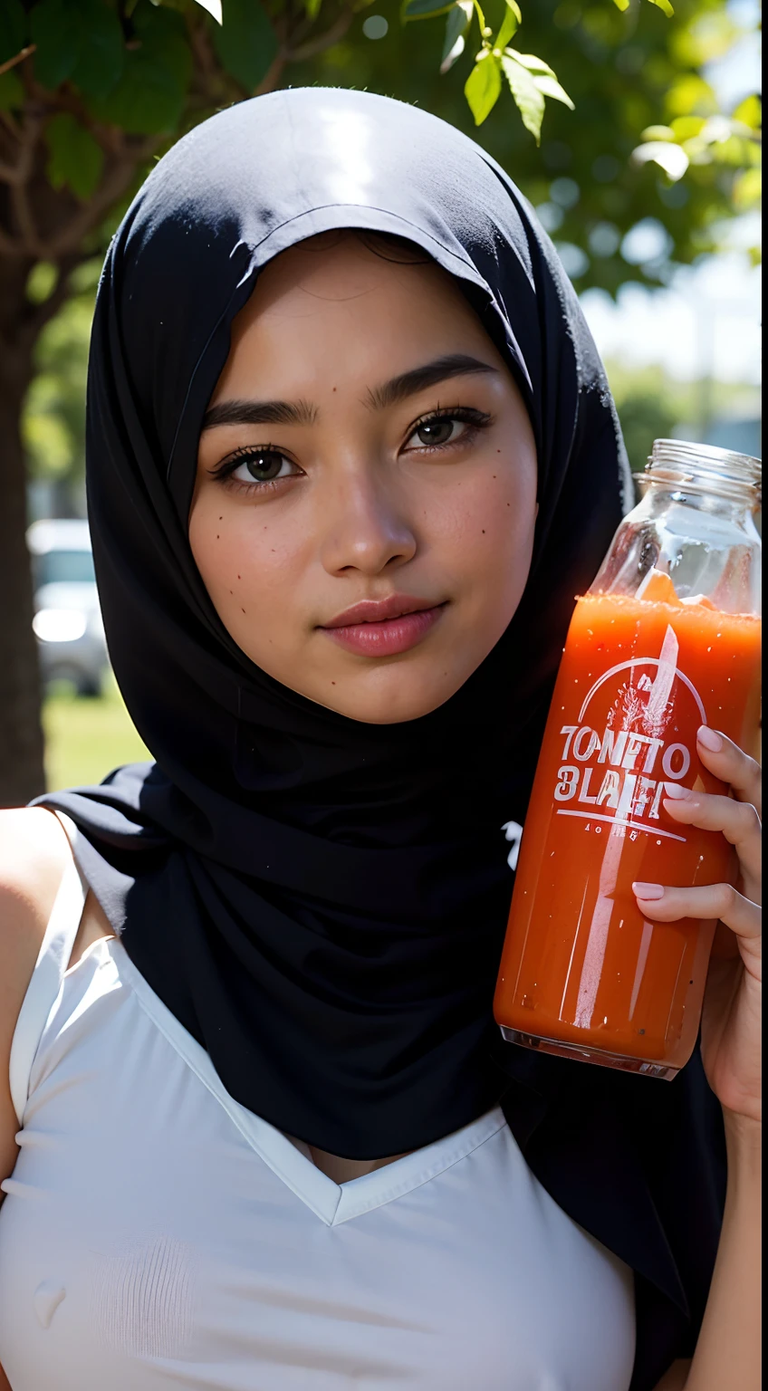 Description: Generate a photorealistic 8K image of an elegant Malay girl in a hijab, holding a glass bottle of tomato juice outdoors.
Specifics: Emphasize the interplay of natural light and shadows on her face and the bottle. Showcase intricate details like the texture of the hijab and the condensation on the glass bottle. Ensure that the "Tomato Juice" label on the bottle is clearly visible.