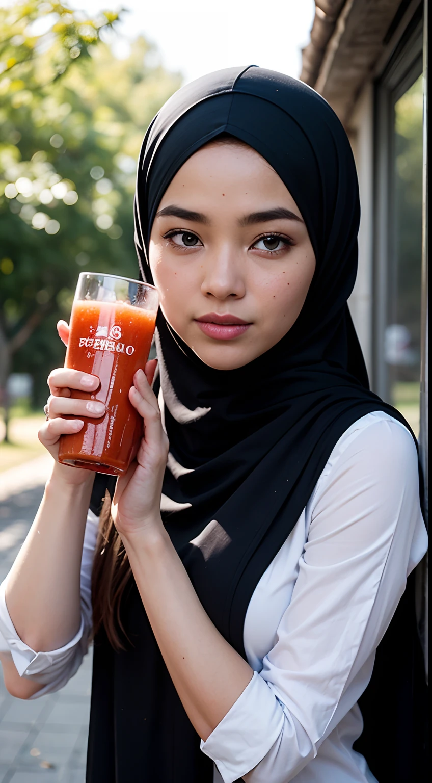 Description: Generate a photorealistic 8K image of an elegant Malay girl in a hijab, holding a glass bottle of tomato juice outdoors.

Specifics: Emphasize the interplay of natural light and shadows on her face and the bottle. Showcase intricate details like the texture of the hijab and the condensation on the glass bottle. Ensure that the "Tomato Juice" label on the bottle is clearly visible.