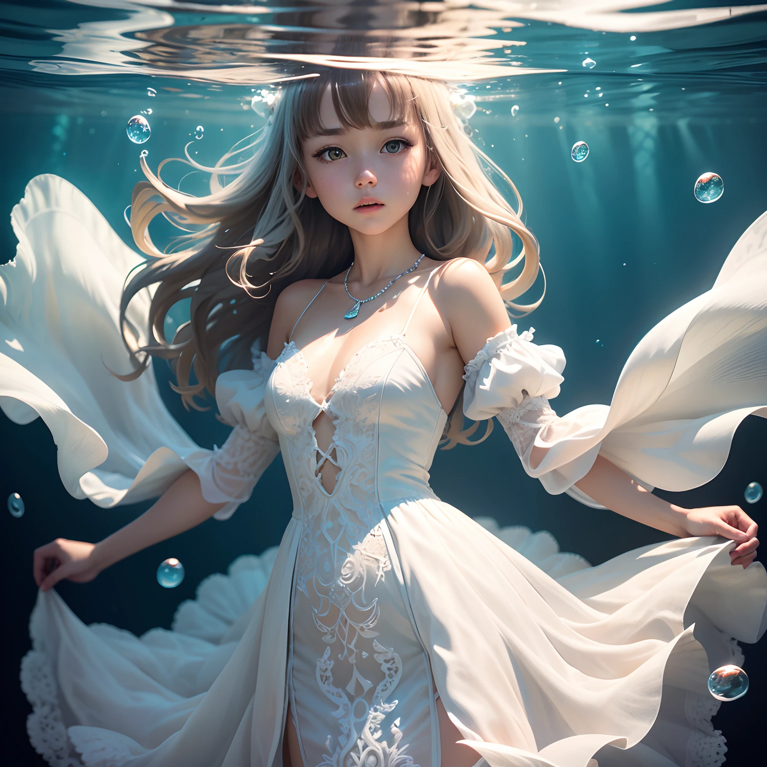 High detail CG，rich details​，An underwater world in the sun，deep water，water bubbles，small fish swimming around，Dress normally，White lace dress，The outside is covered with a white coat，Dragon girl，Wear an exaggerated necklace，Brown hair long，The sun shines on the body，glowing white，The art of clocking in