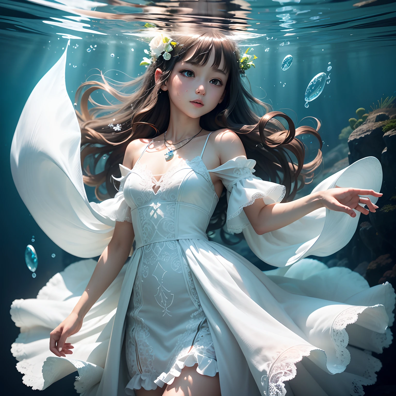 1 short tempered girl, solo, fullbody, wearing a white dress, blue eyes, blue hair, long hair, off-shoulder dress, strapless submerged, looking at viewer, bare shoulder, frilled dress, wide sleeves, earrings, hair ornament, mini crown, blush, necklace, floating hair, bangs, jewelry, shiny skin,