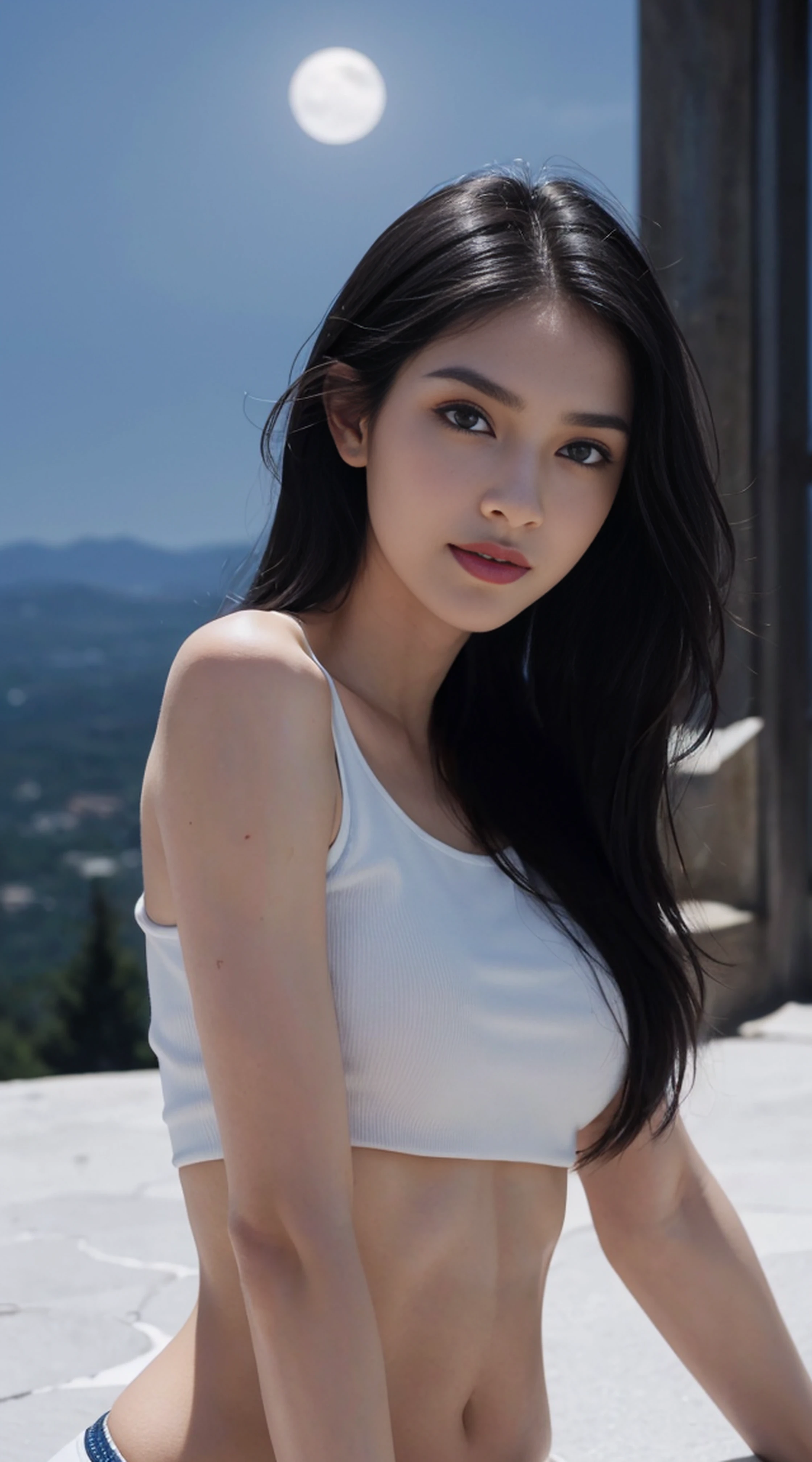 8K, Top Quality, Intricate Details, Ultra Detail, Ultra High Resolution, Masterpiece, random angle,  Slender, Smile, (Makeup: 0.4), (Fluffy Blue Eyes: 1.21), blue Eyes, looking at viewer, ((full body)), 1girl, solo, 1 girl, (( full body)), close up shot, , ((tall)), (((fit body))), (((slim face))), sharp face, sharp eyes, (((black hair, long hair, )) , (detailed face), sharp face, small lips, 
 (( )), ((crop top)),  detailed face, detailed breast, , large breast, detail ass, , Beautiful girl with accentuated slender abs: 1.4, Six Pack Abs: 1.4, Bust Botox, Big, Perfect Body, detail leg, (( moonlight)), top of mountain