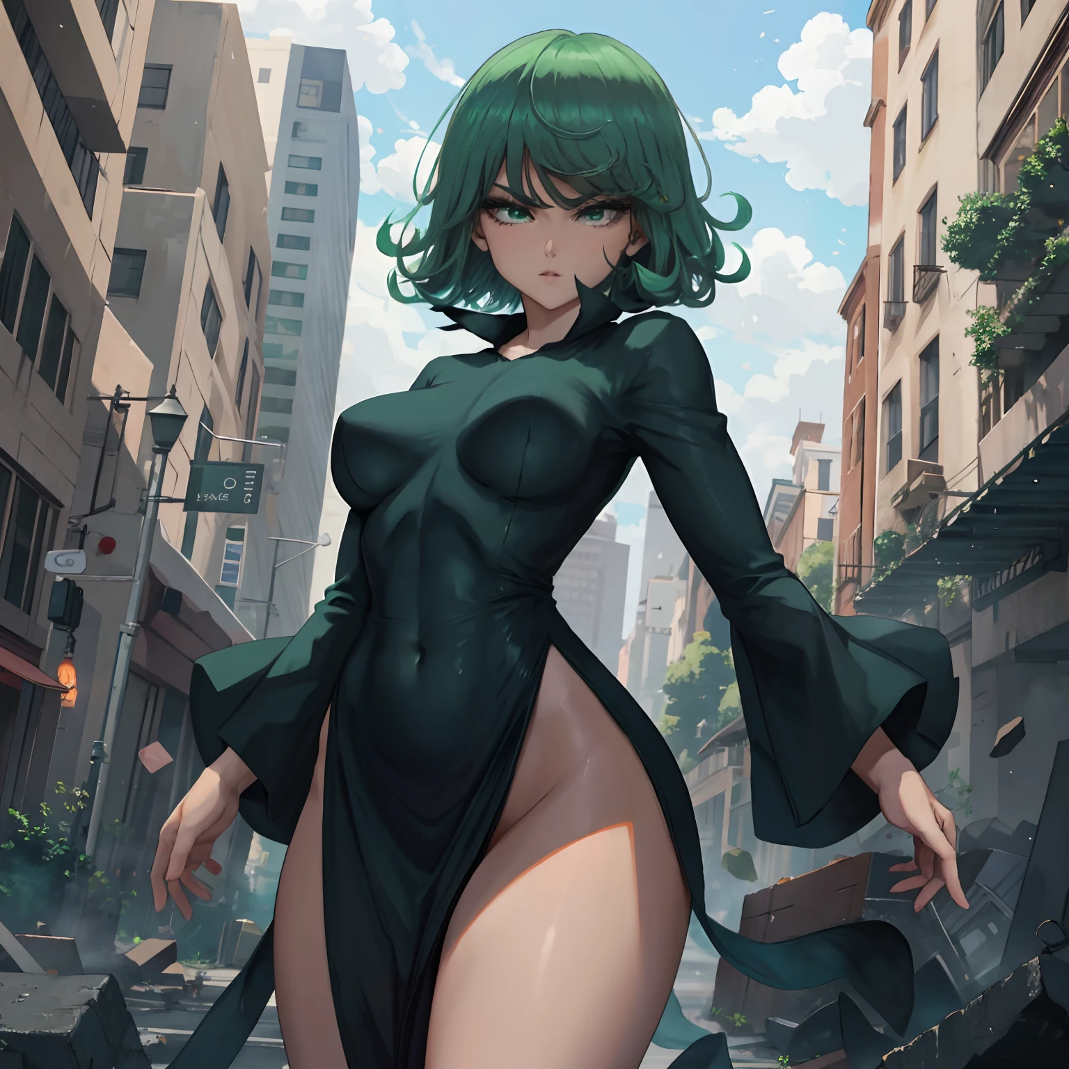 Masterpiece: 1.2, Best quality: 1.2, beautiful, high quality, high resolution: 1.1, aesthetic, detailed, extremely detailed, soft ambient lighting, 4K, perfect eyes, perfect face, perfect lighting, one girl, bangs, black dress, green hair, breasts, covered navel, dress, Tatsumaki (One-Punch Man), green eyes, large breasts, looking at the viewer, short hair, simple background, solo, thighs, high collar, high collar dress, big ass, big booty, sexy, standing on a destroyed city.