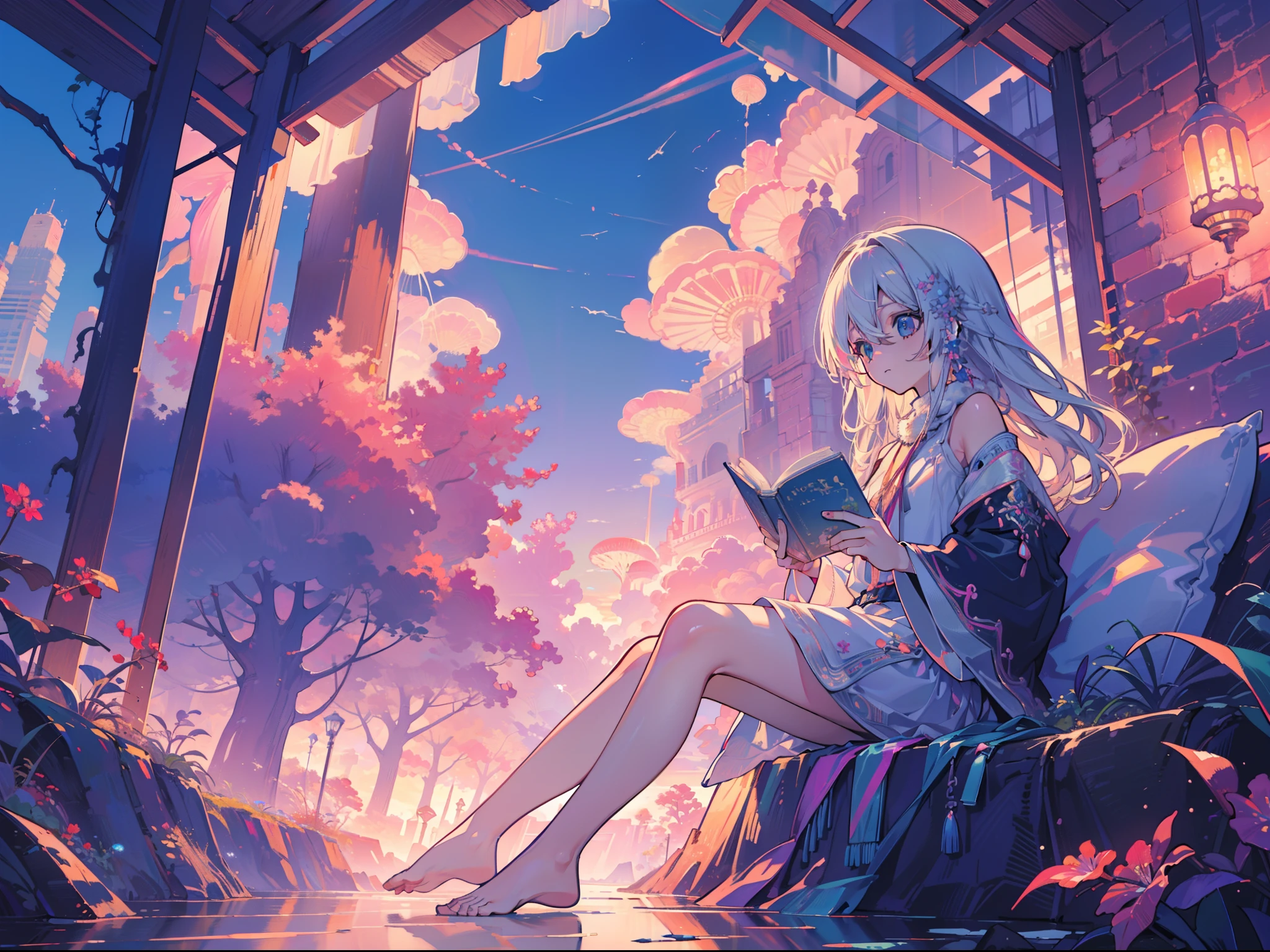 masutepiece, Fine detail, 4K, 8K, 12K, Solo, Alone, Beautiful Girl, caucasian female, Reading a book, 📕, Long hair, Salar de Uyuni, Rainbow sky